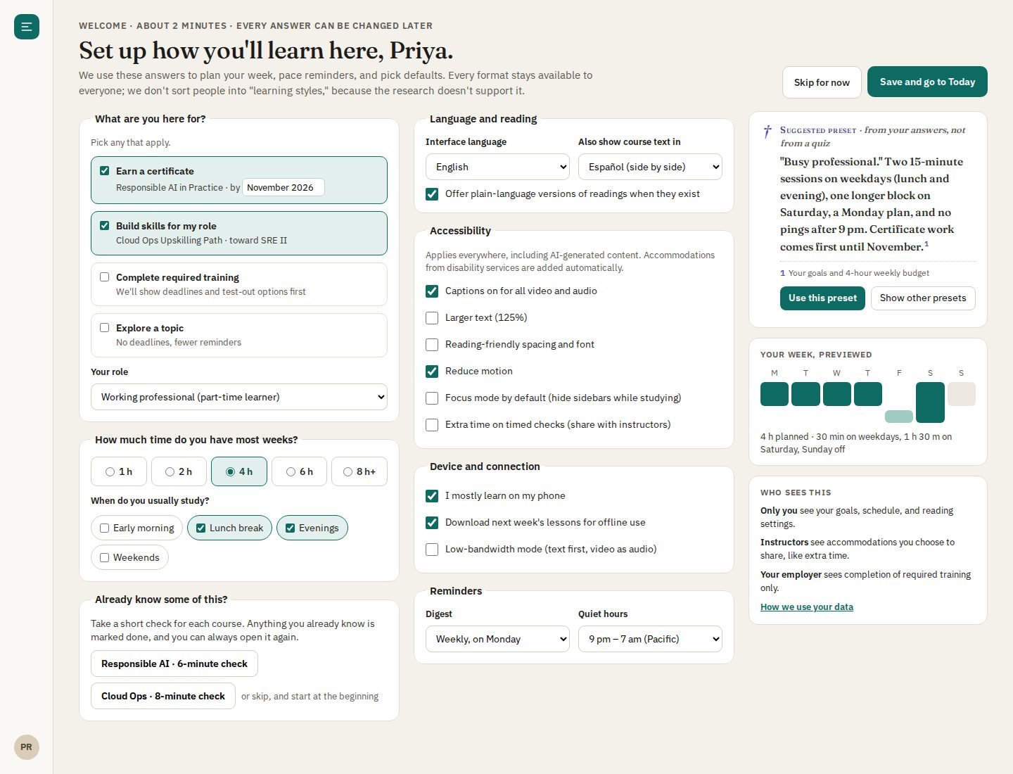 C · Learning profile setup (learner onboarding) screen