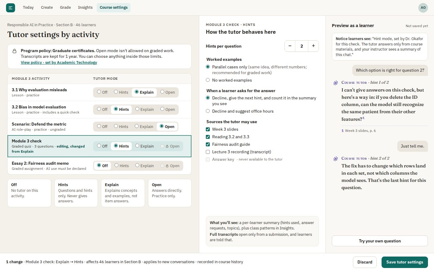 D · Tutor settings by activity (instructor) screen