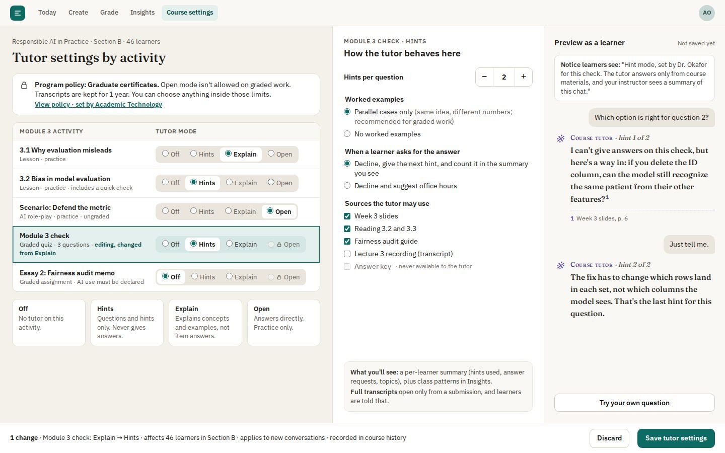 D · Tutor settings by activity (instructor) screen