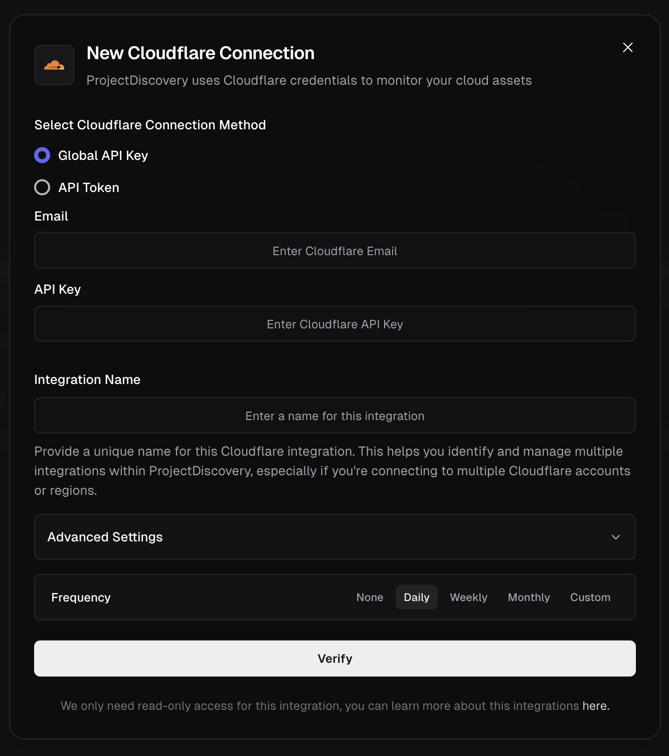Cloudflare Integration Screen