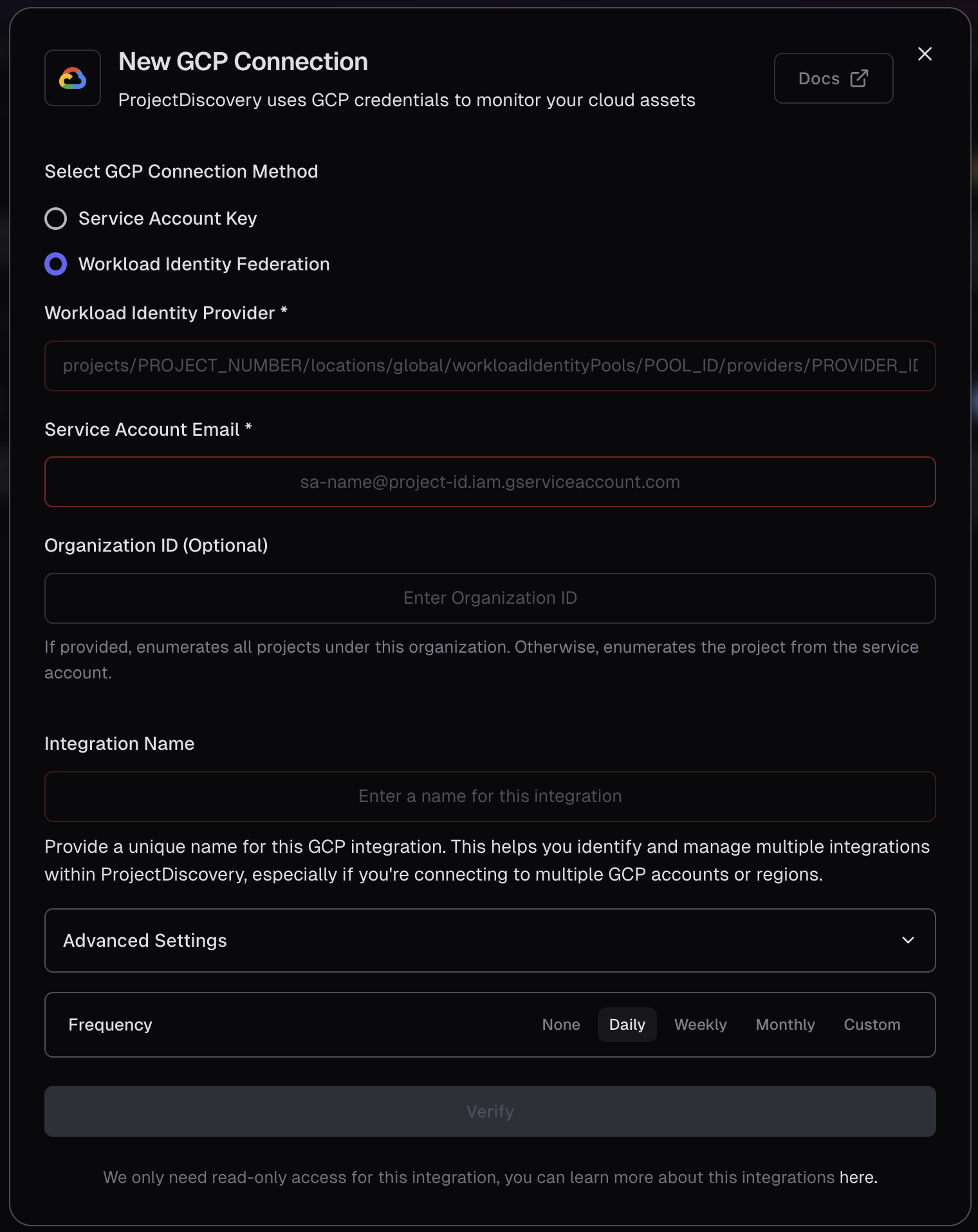 GCP Workload Identity Federation Integration Screen