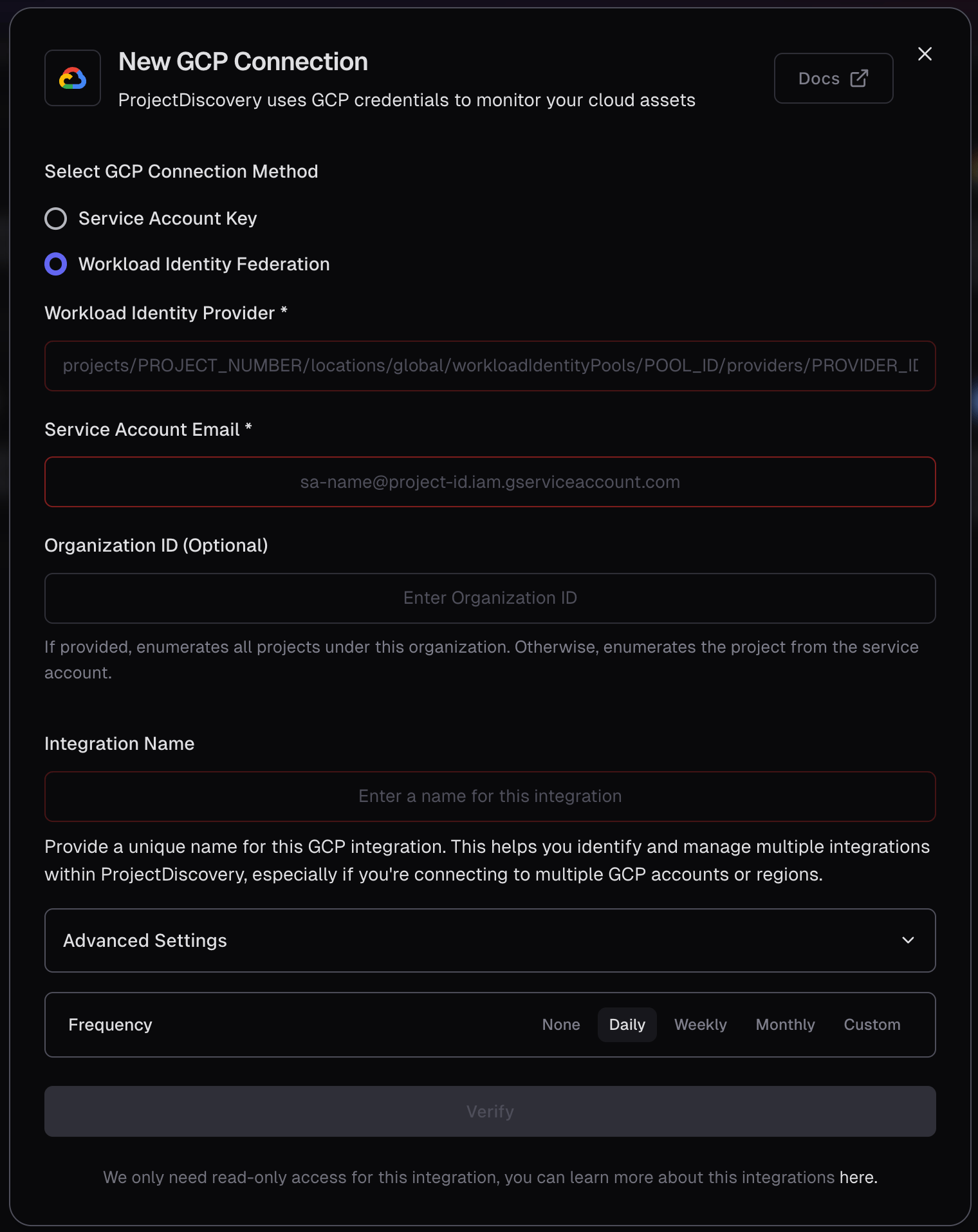 GCP Workload Identity Federation Integration Screen GCP Workload Identity Federation Integration Screen