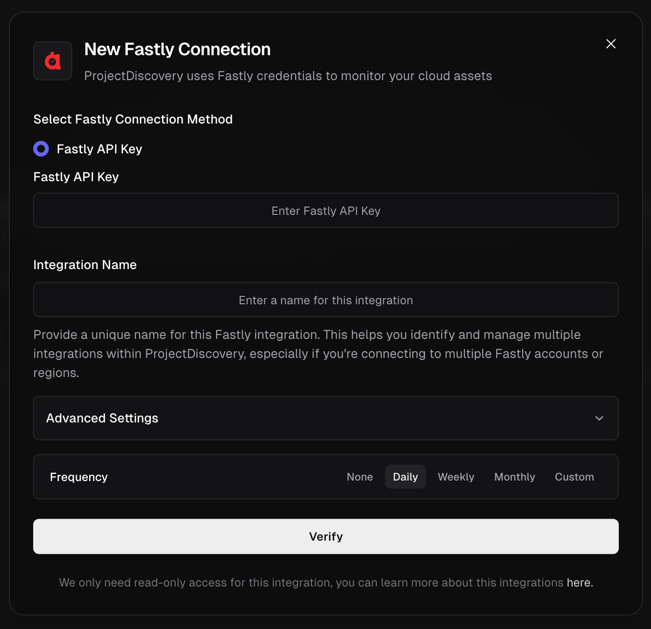 Fastly Integration Screen Fastly Integration Screen