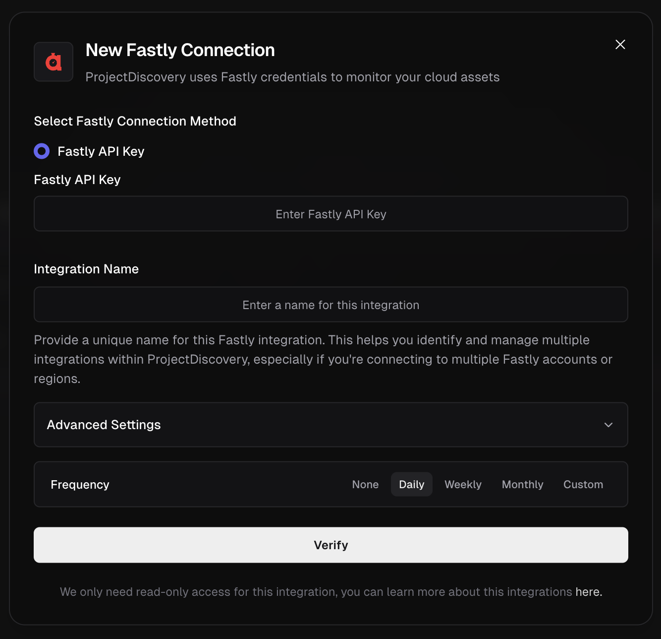 Fastly Integration Screen Fastly Integration Screen