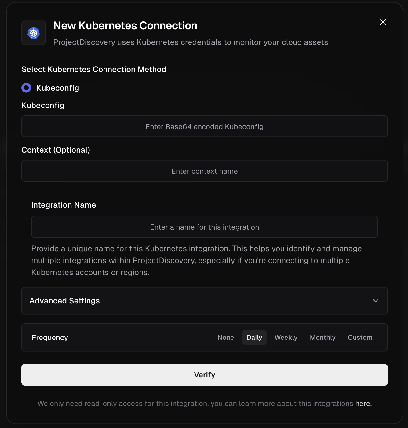 Kubernetes Integration Screen Kubernetes Integration Screen
