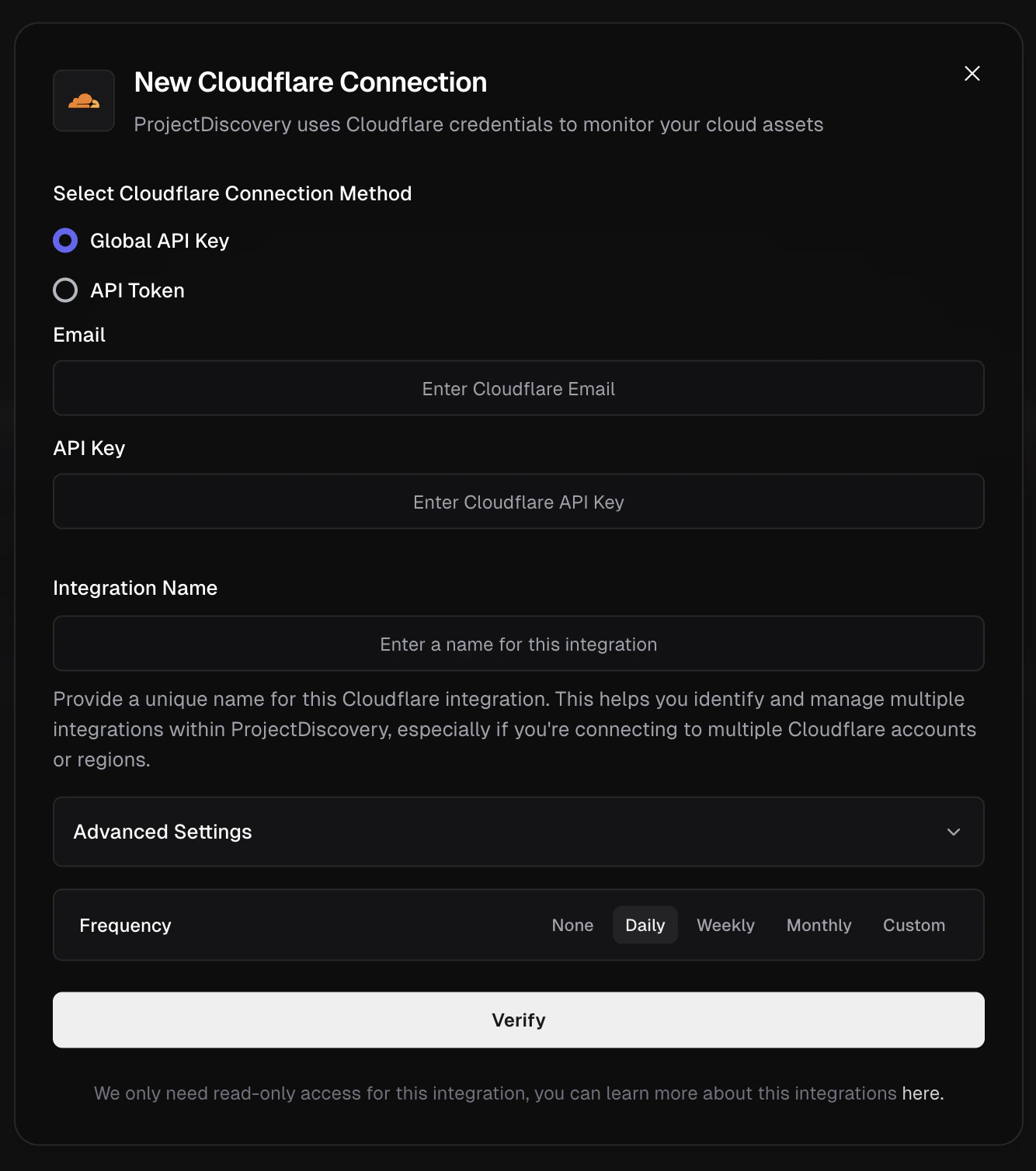 Cloudflare Integration Screen Cloudflare Integration Screen