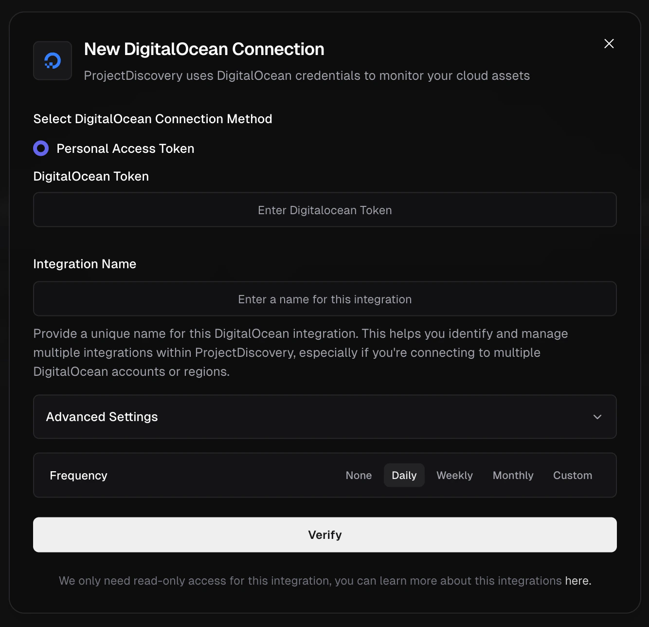 Digital Ocean Integration Screen Digital Ocean Integration Screen