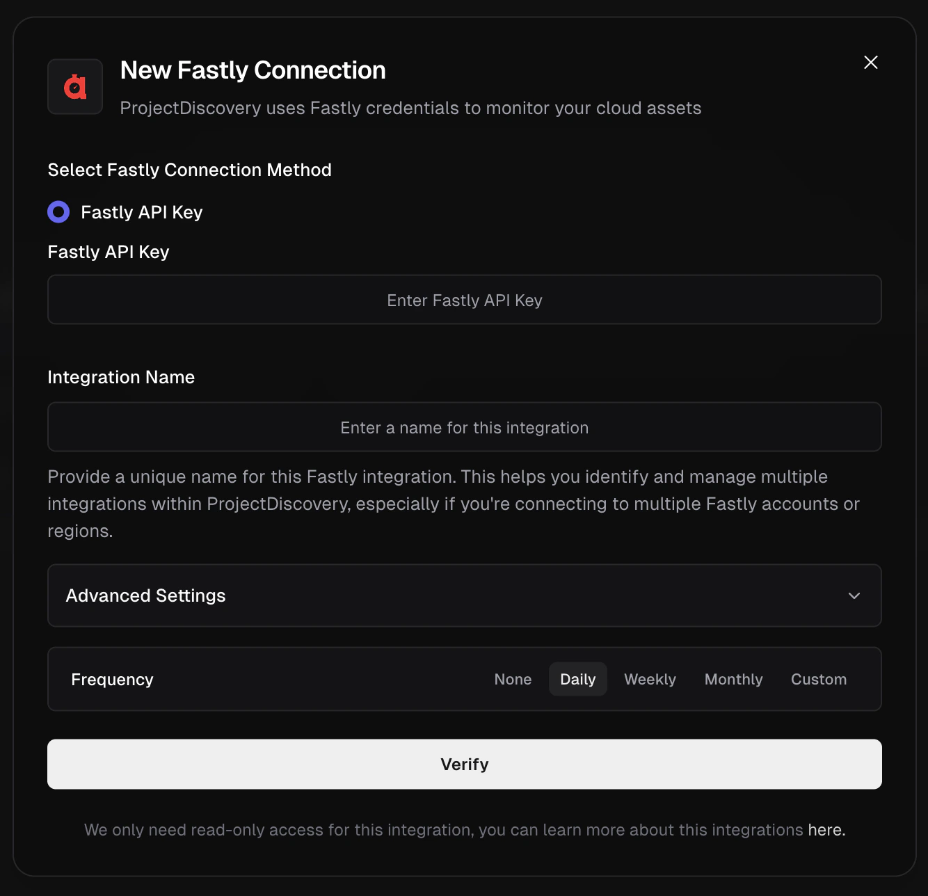 Fastly Integration Screen Fastly Integration Screen