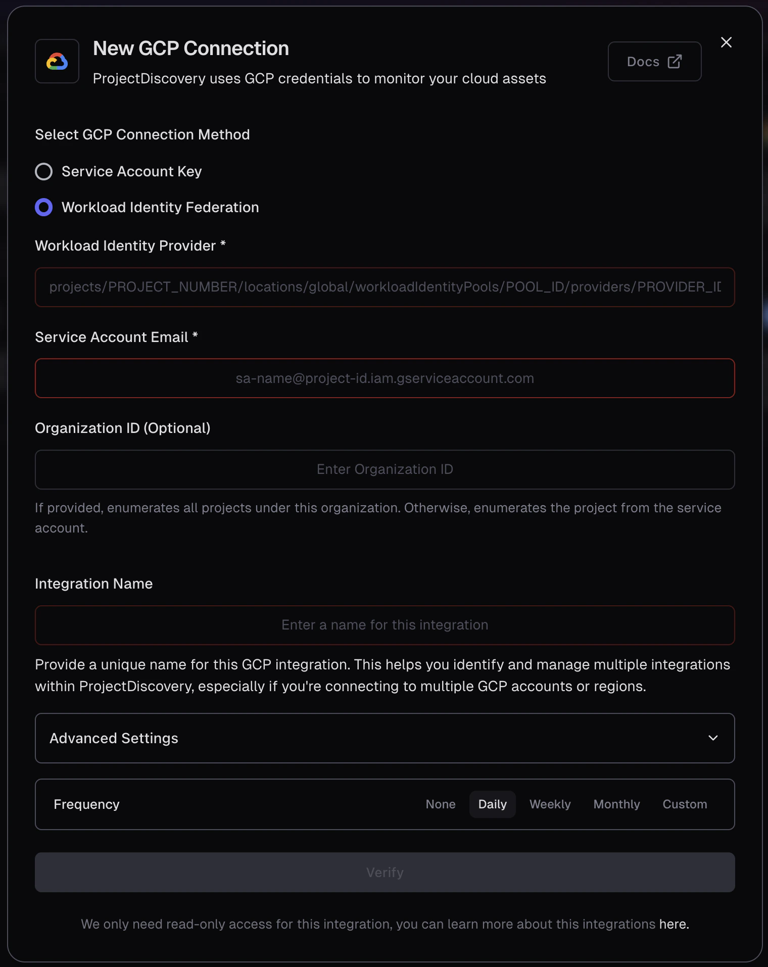 GCP Workload Identity Federation Integration Screen GCP Workload Identity Federation Integration Screen