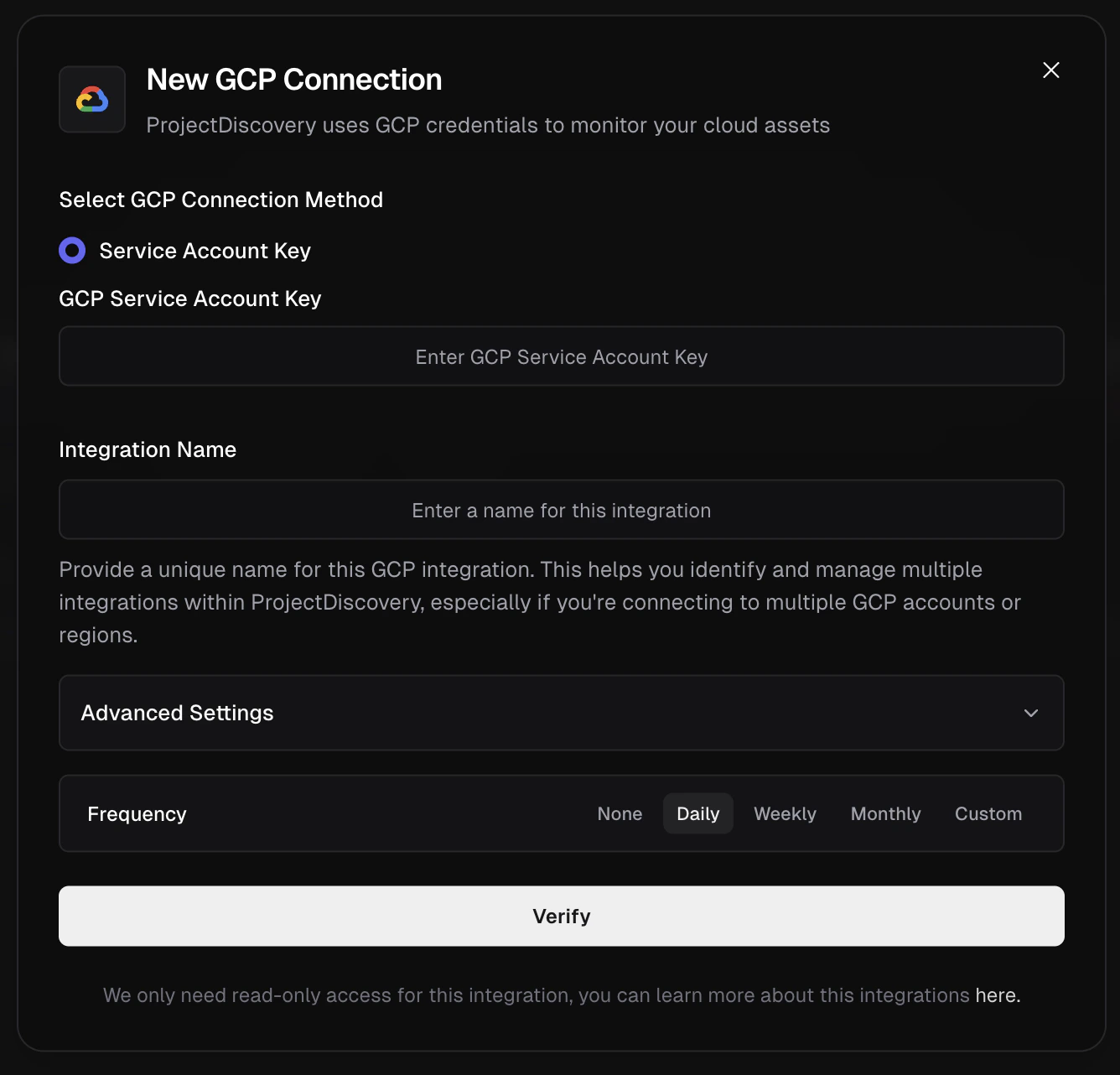 GCP Service Account Key Integration Screen GCP Service Account Key Integration Screen