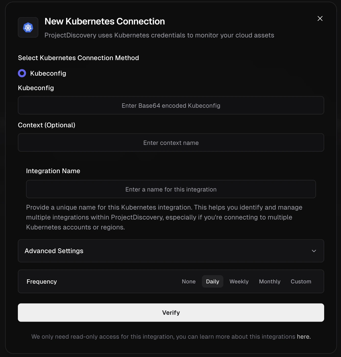 Kubernetes Integration Screen Kubernetes Integration Screen
