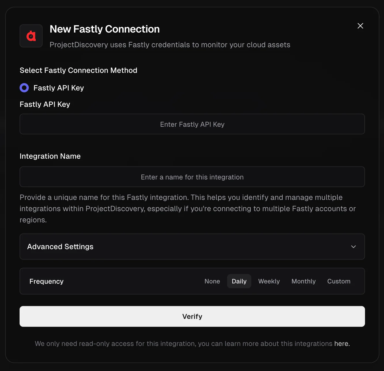 Fastly Integration Screen Fastly Integration Screen