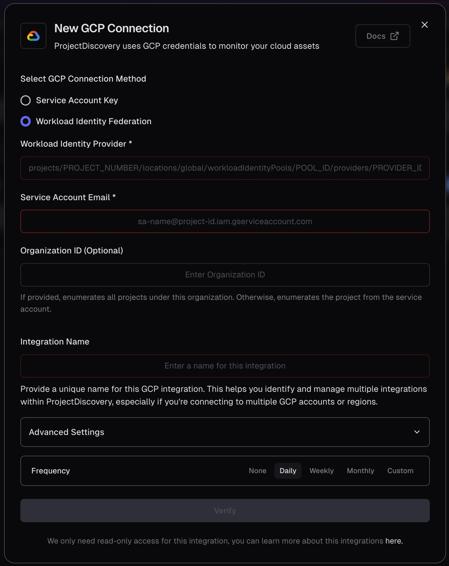 GCP Workload Identity Federation Integration Screen GCP Workload Identity Federation Integration Screen