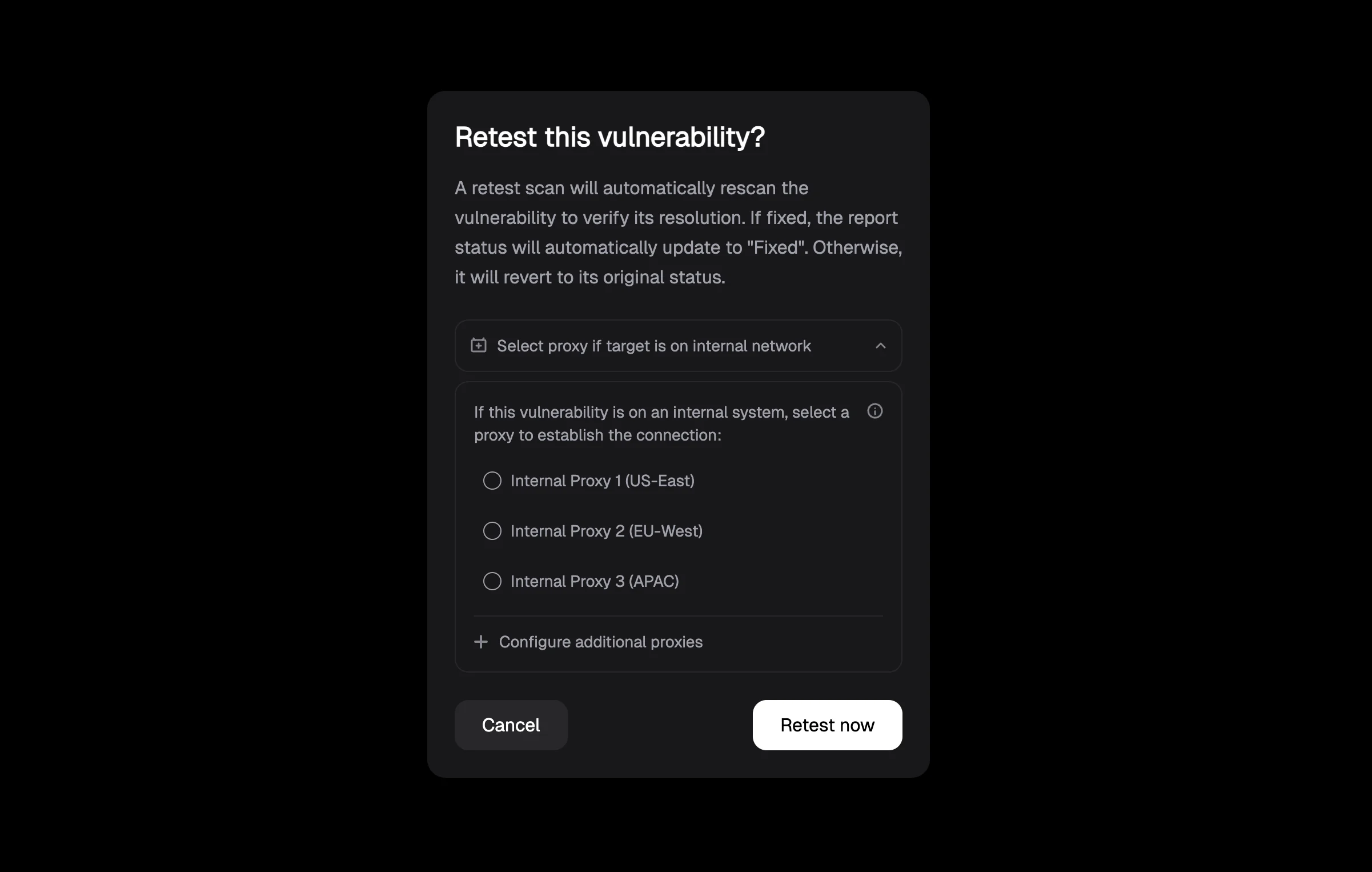 Retest vulnerability dialog showing proxy selection options