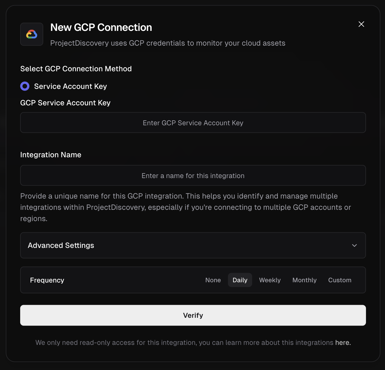 GCP Service Account Key Integration Screen GCP Service Account Key Integration Screen