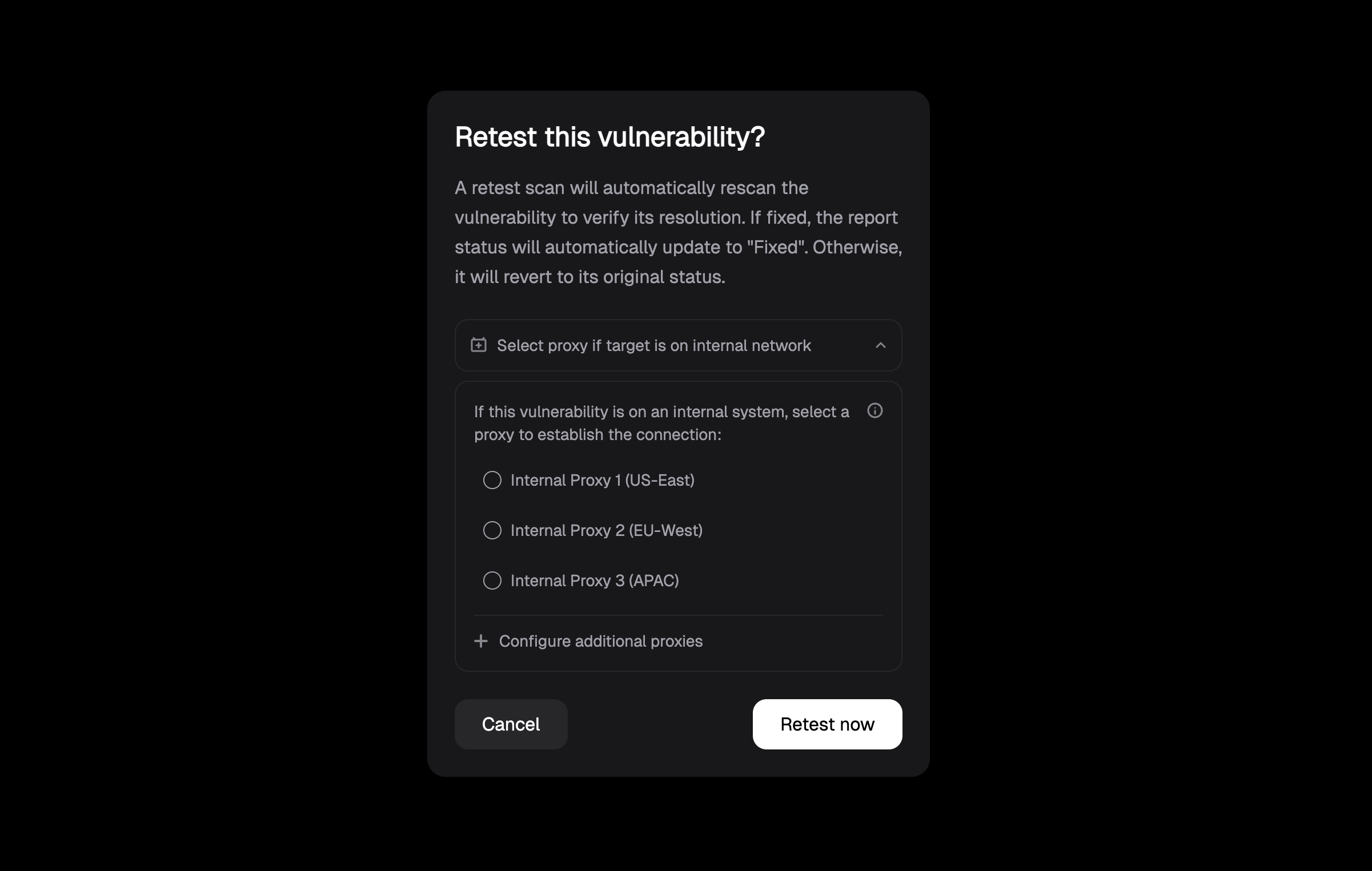 Retest vulnerability dialog showing proxy selection options