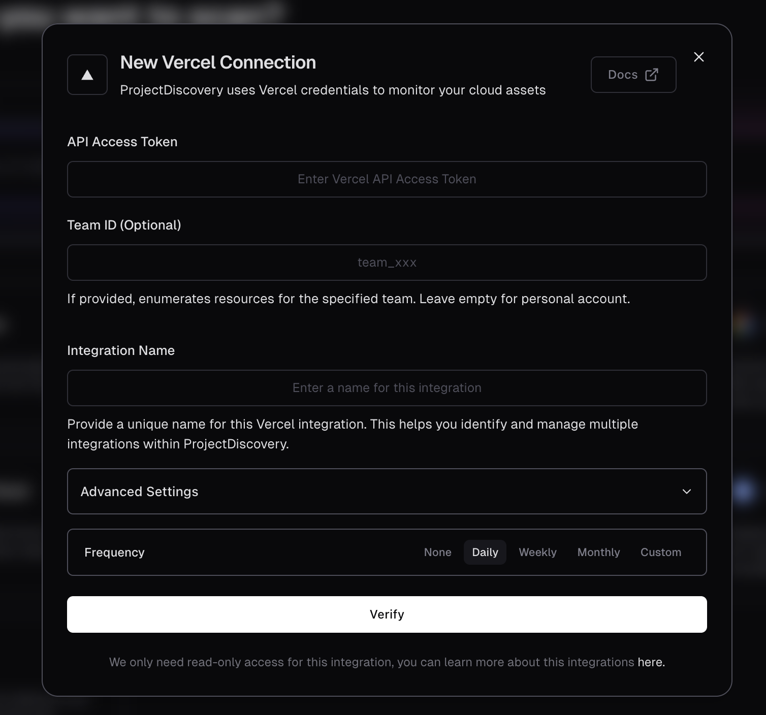 Vercel Integration Screen