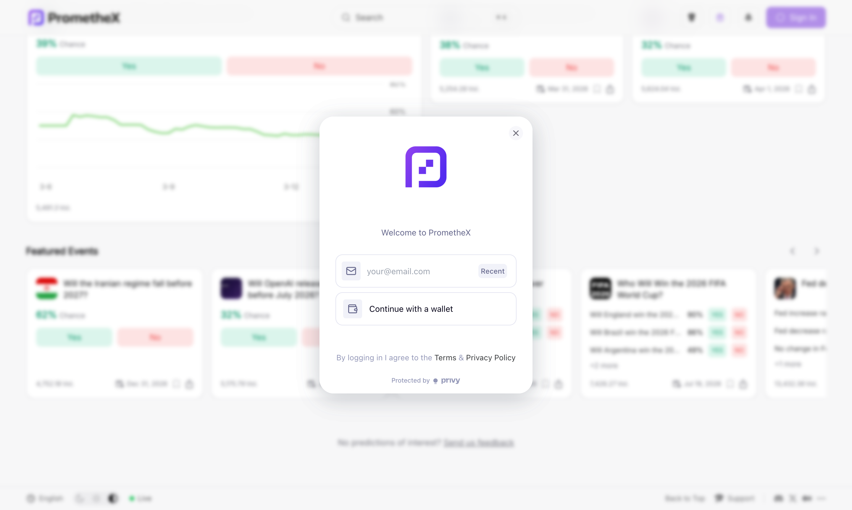 PrometheX sign-in dialog with email, social login, and wallet options