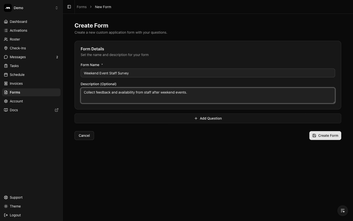 Create form page with details filled in