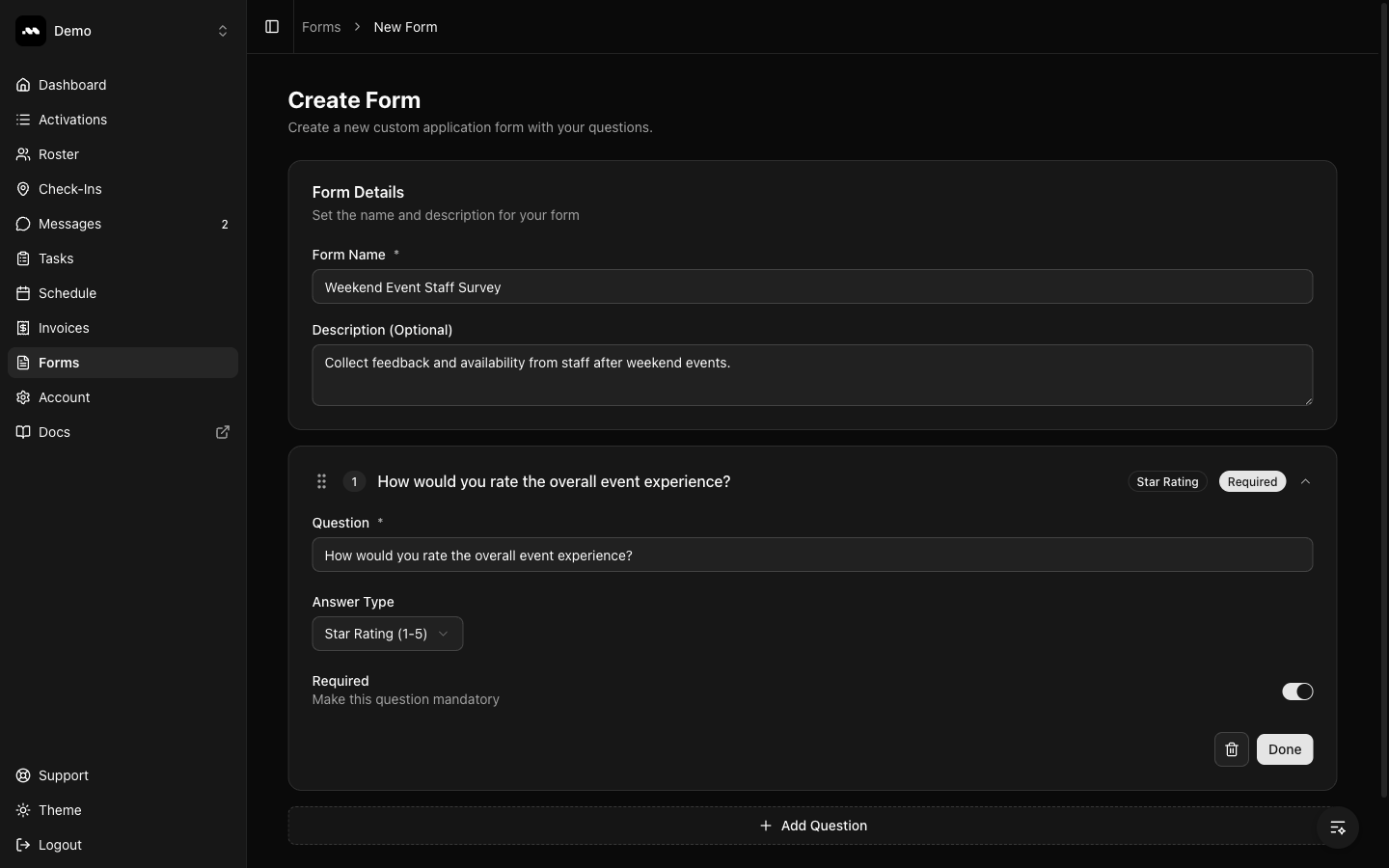 Question with Star Rating type and Required toggle