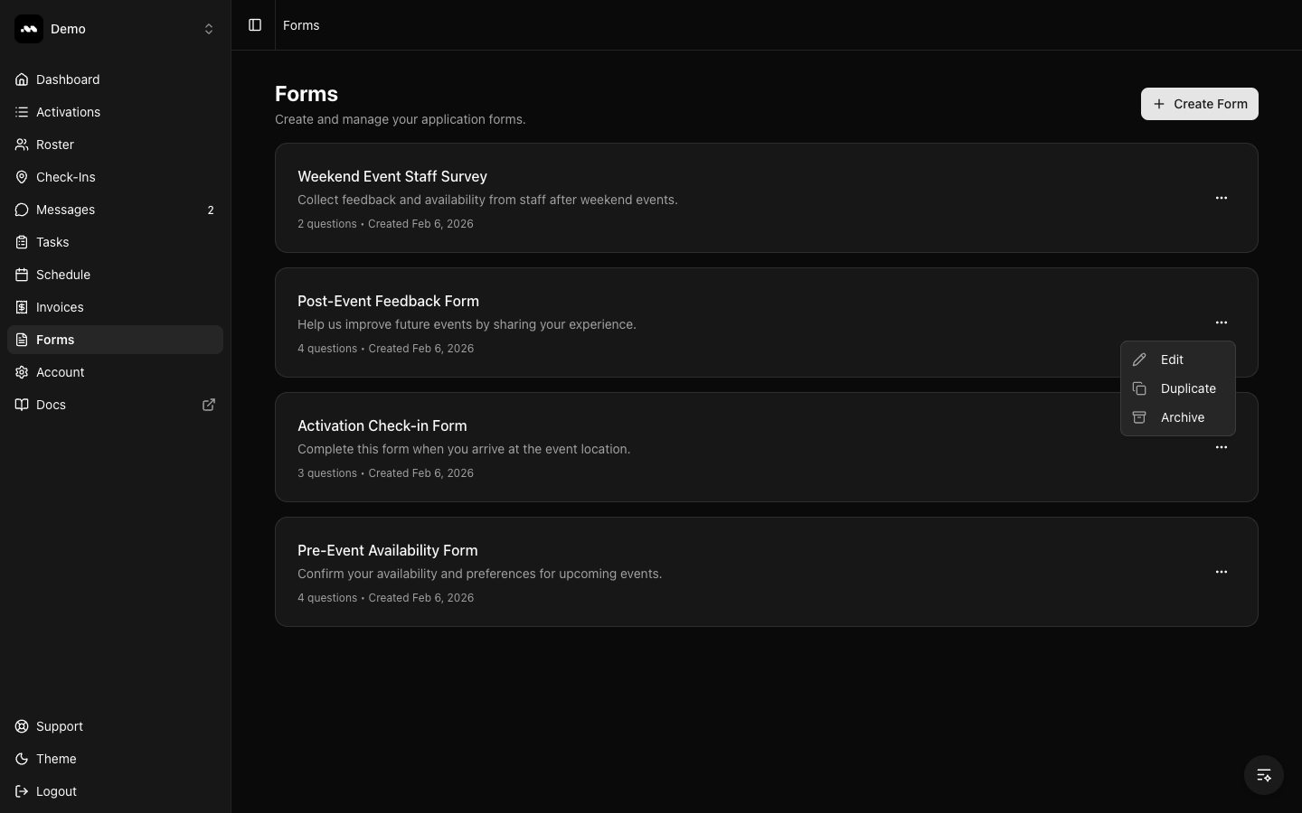 Form actions dropdown