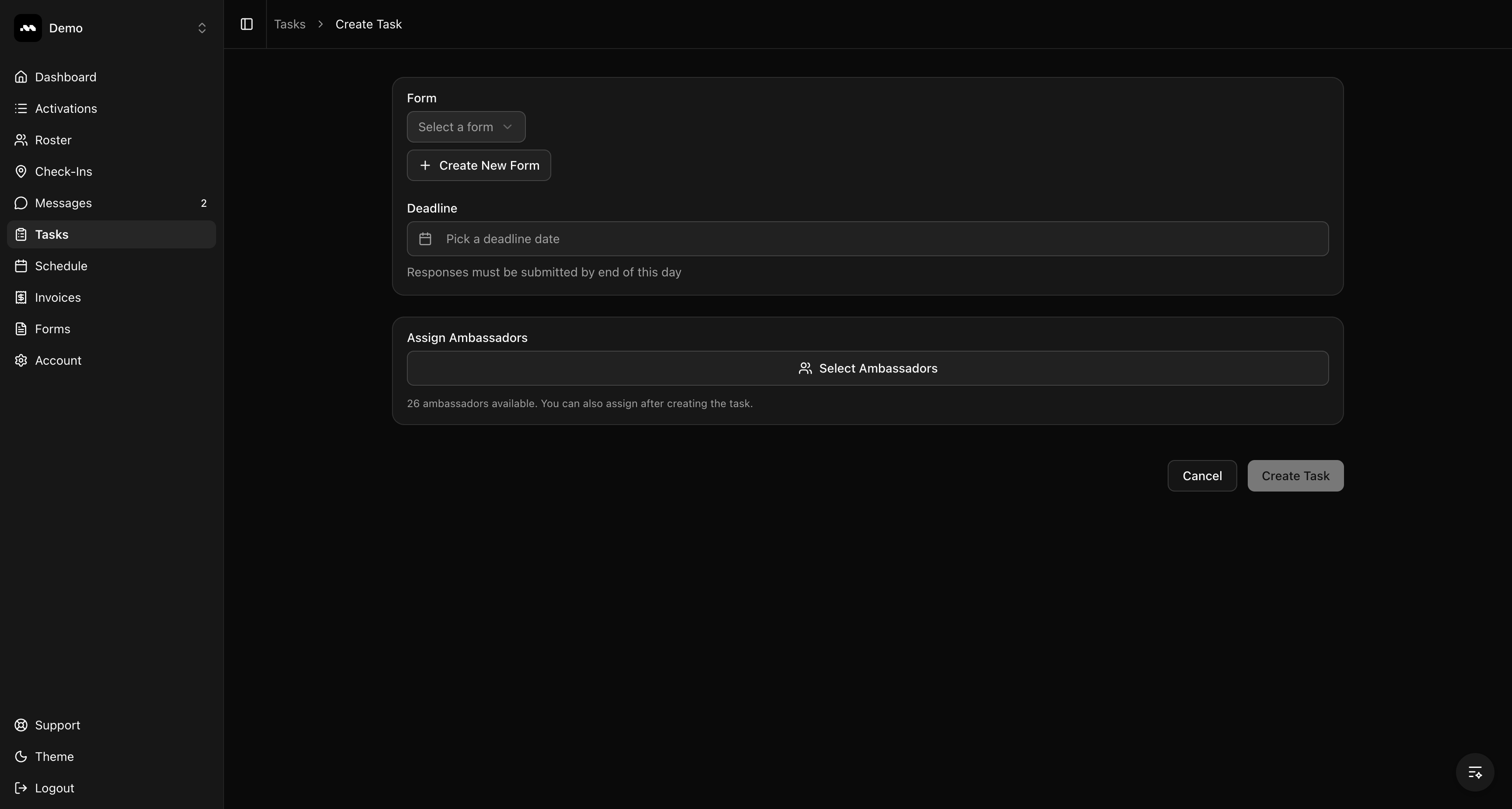 Empty task creation form