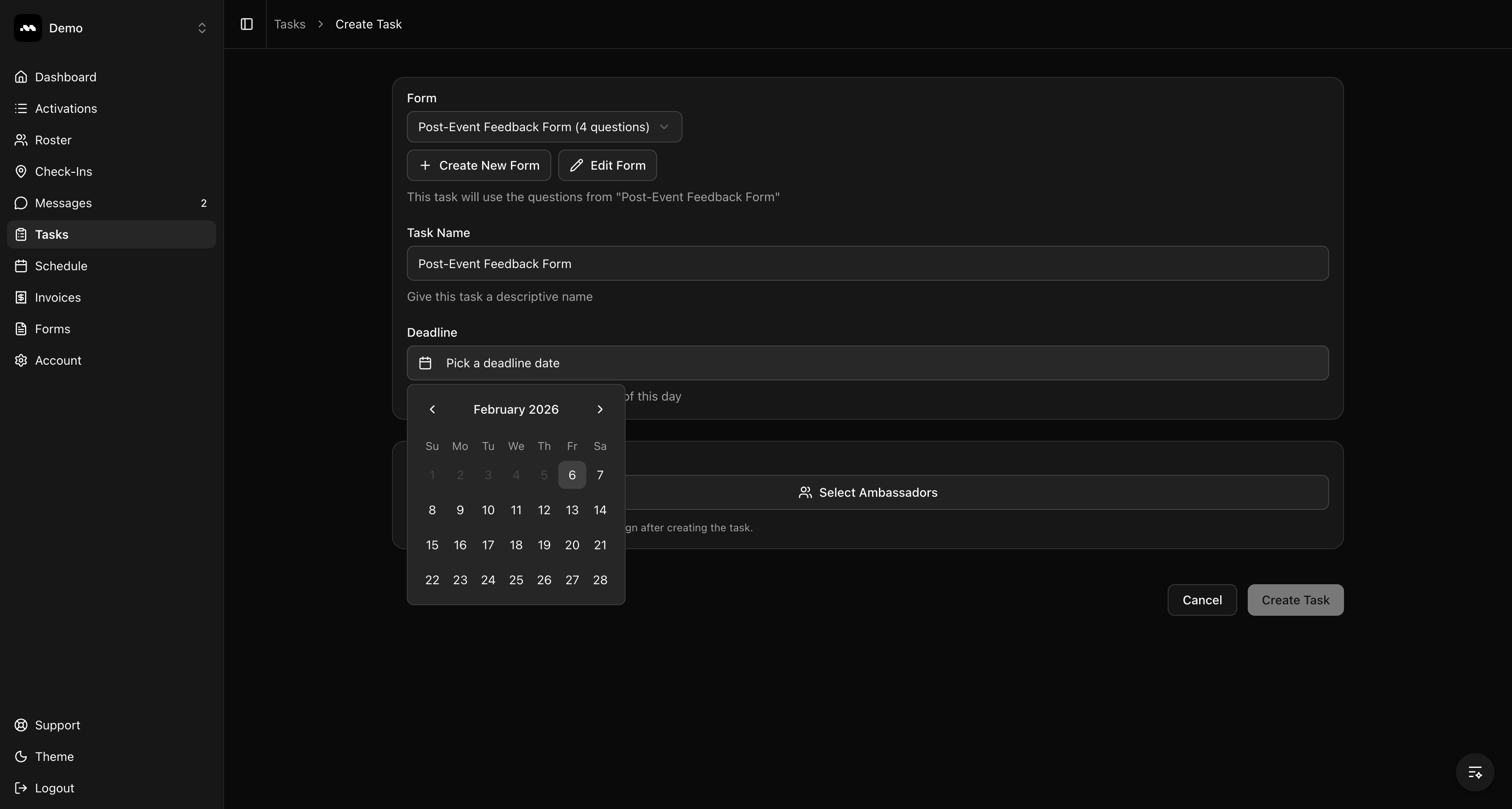 Calendar date picker for deadline