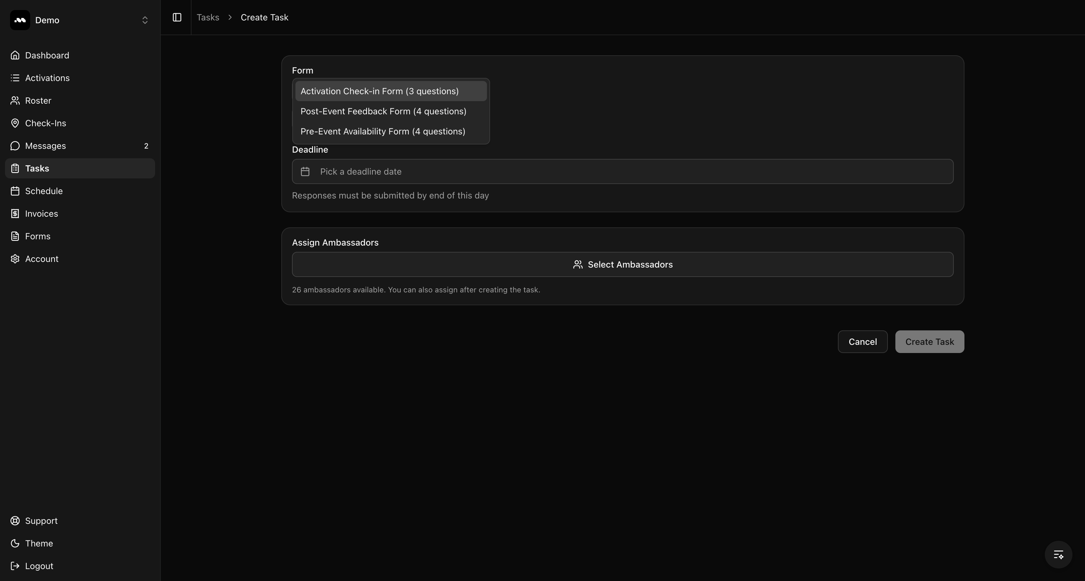 Form dropdown with available forms