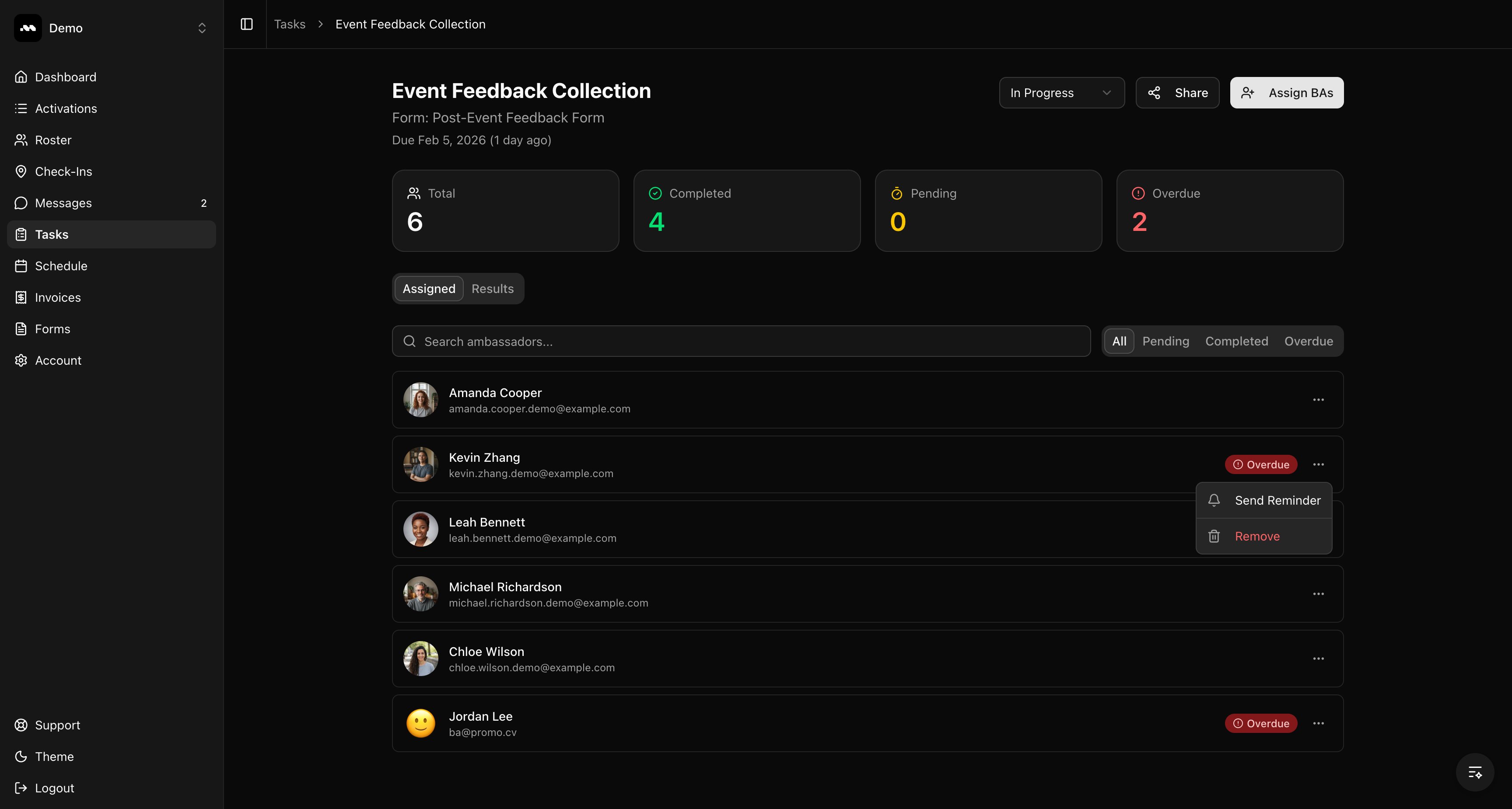 Action menu with Send Reminder and Remove options