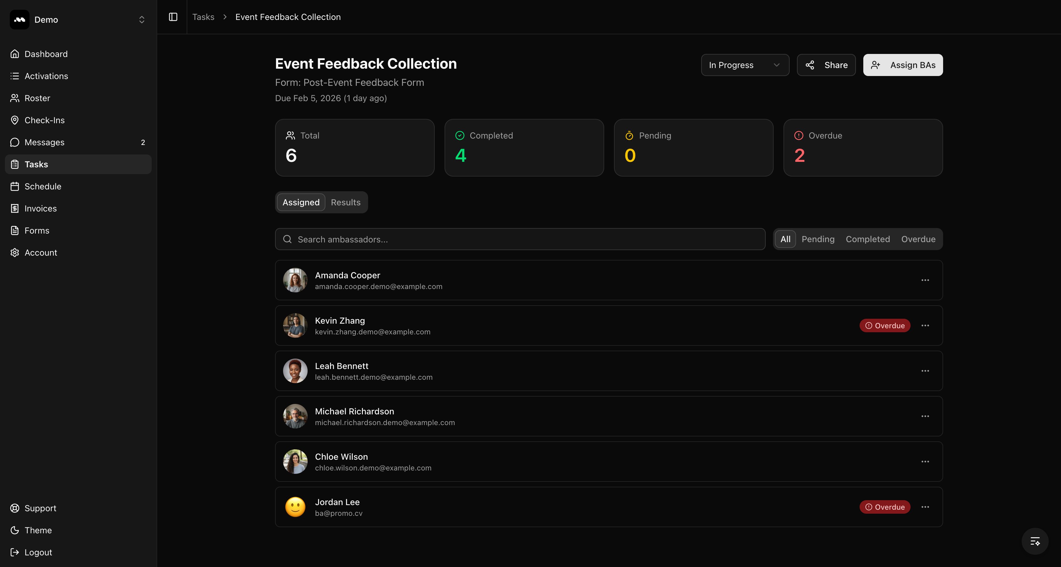 Assigned tab showing ambassadors with status badges