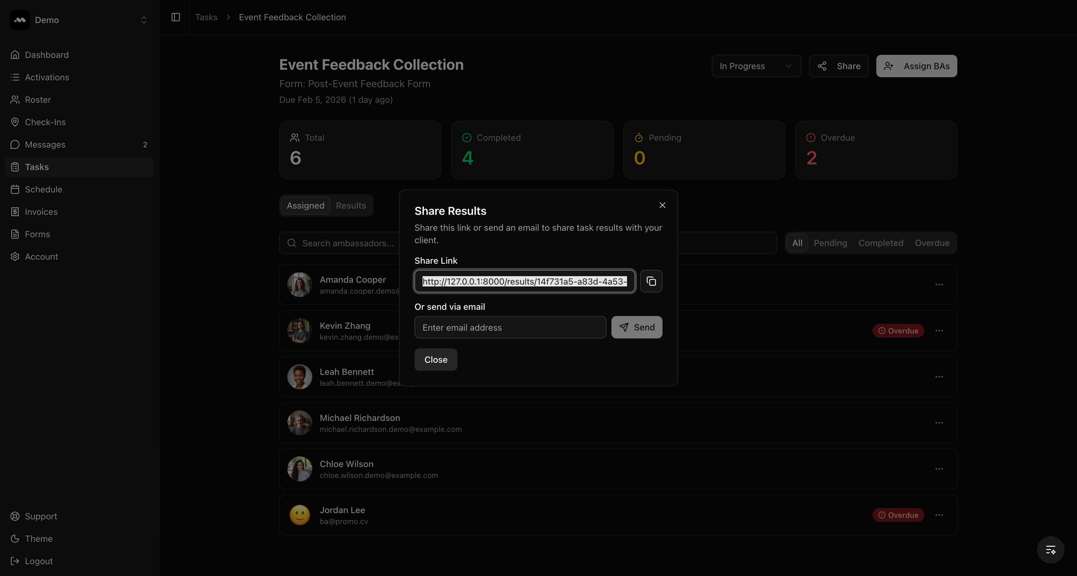 Share Results modal with link and email options