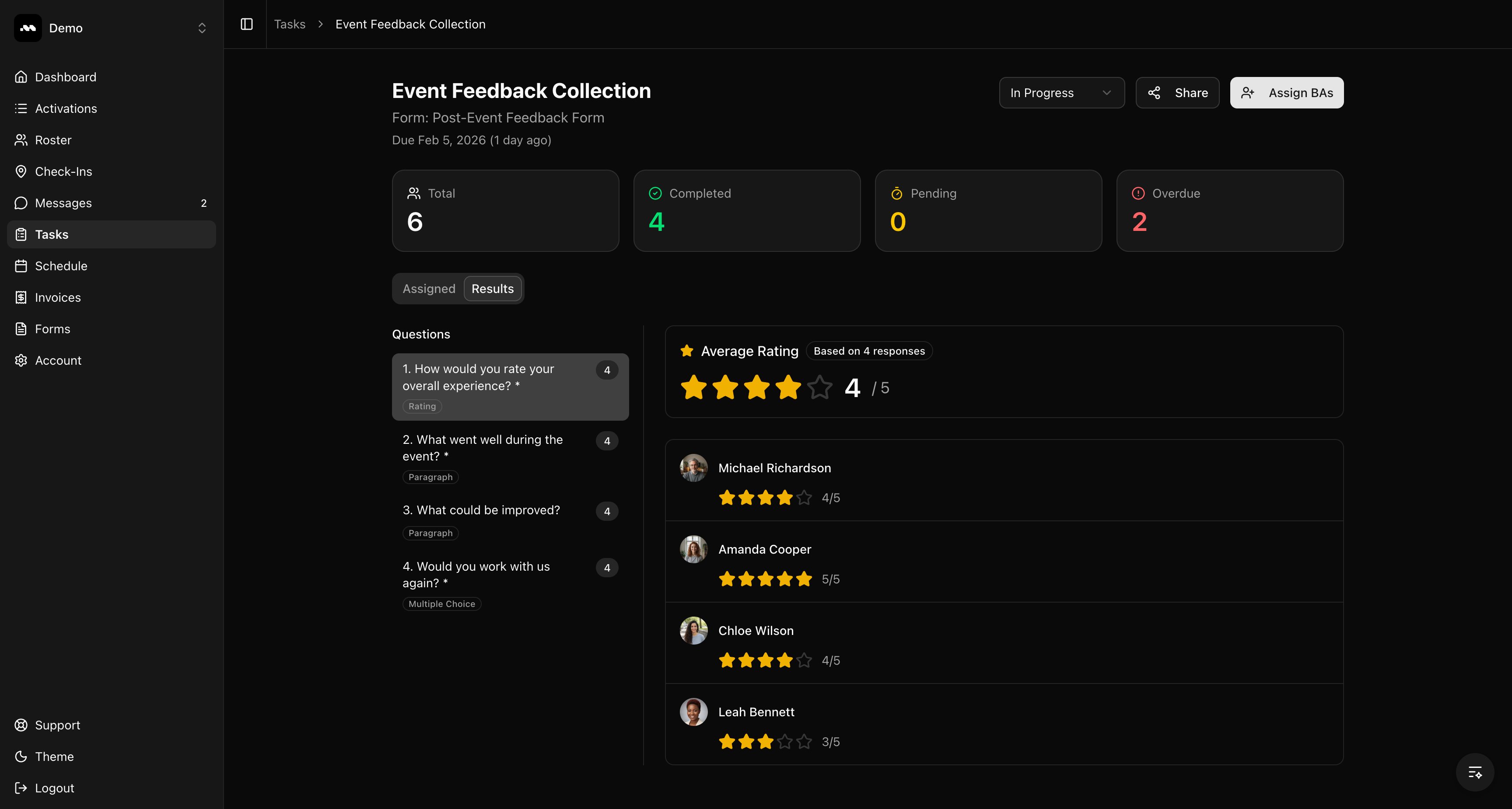 Task detail page with stats and results tab