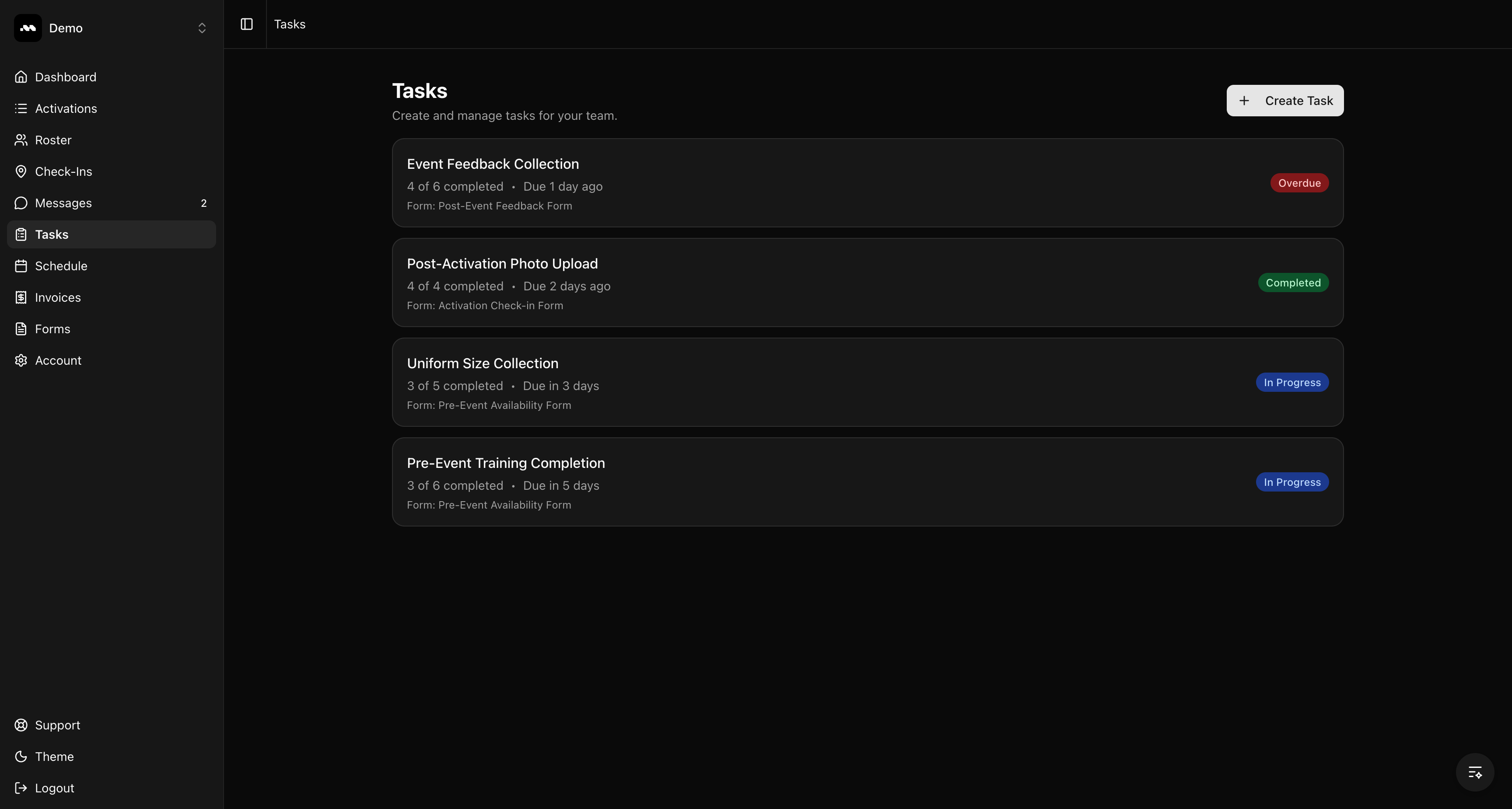 Tasks list showing all tasks with status badges