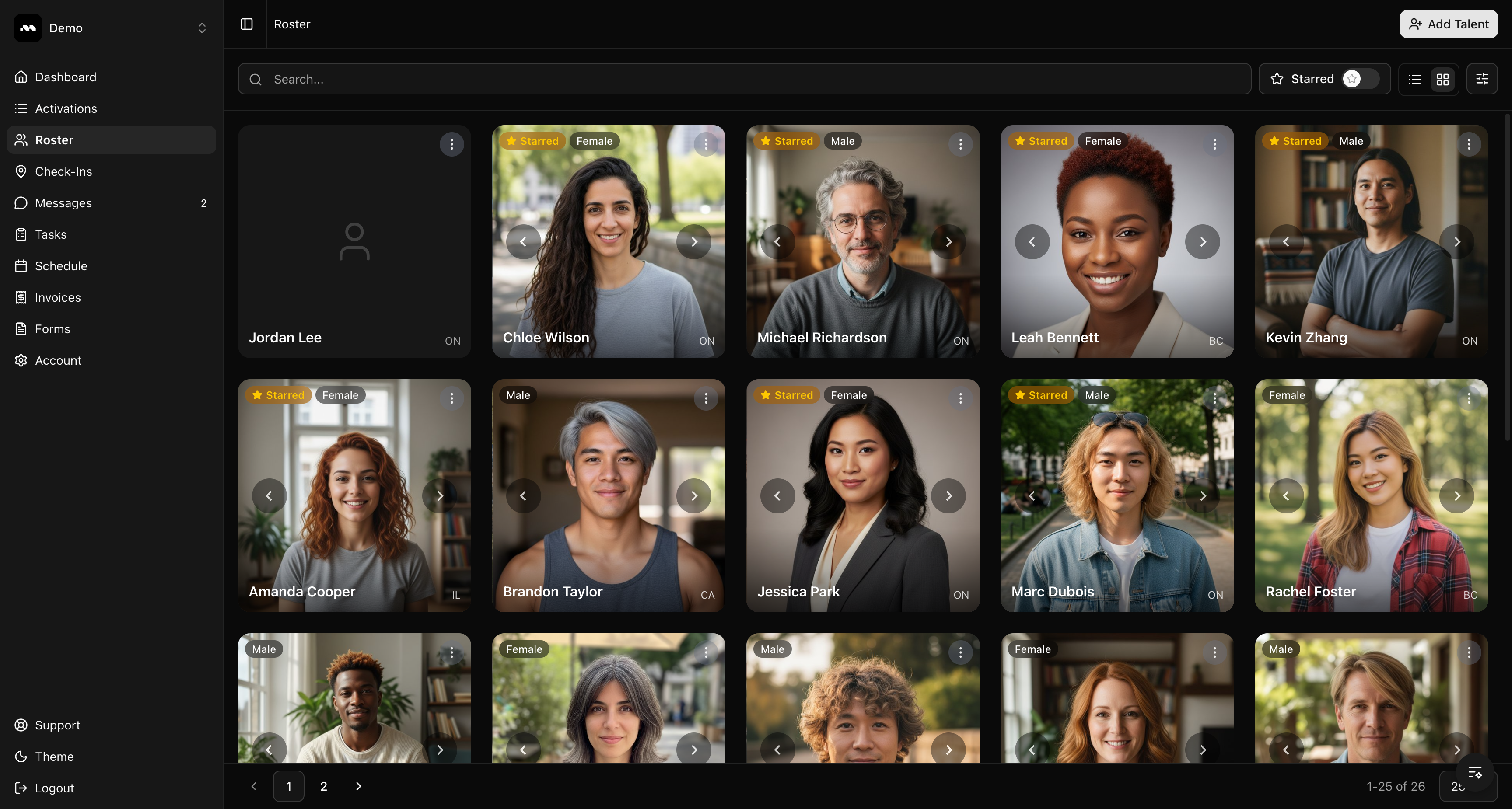 Roster overview showing ambassador cards with photos and details