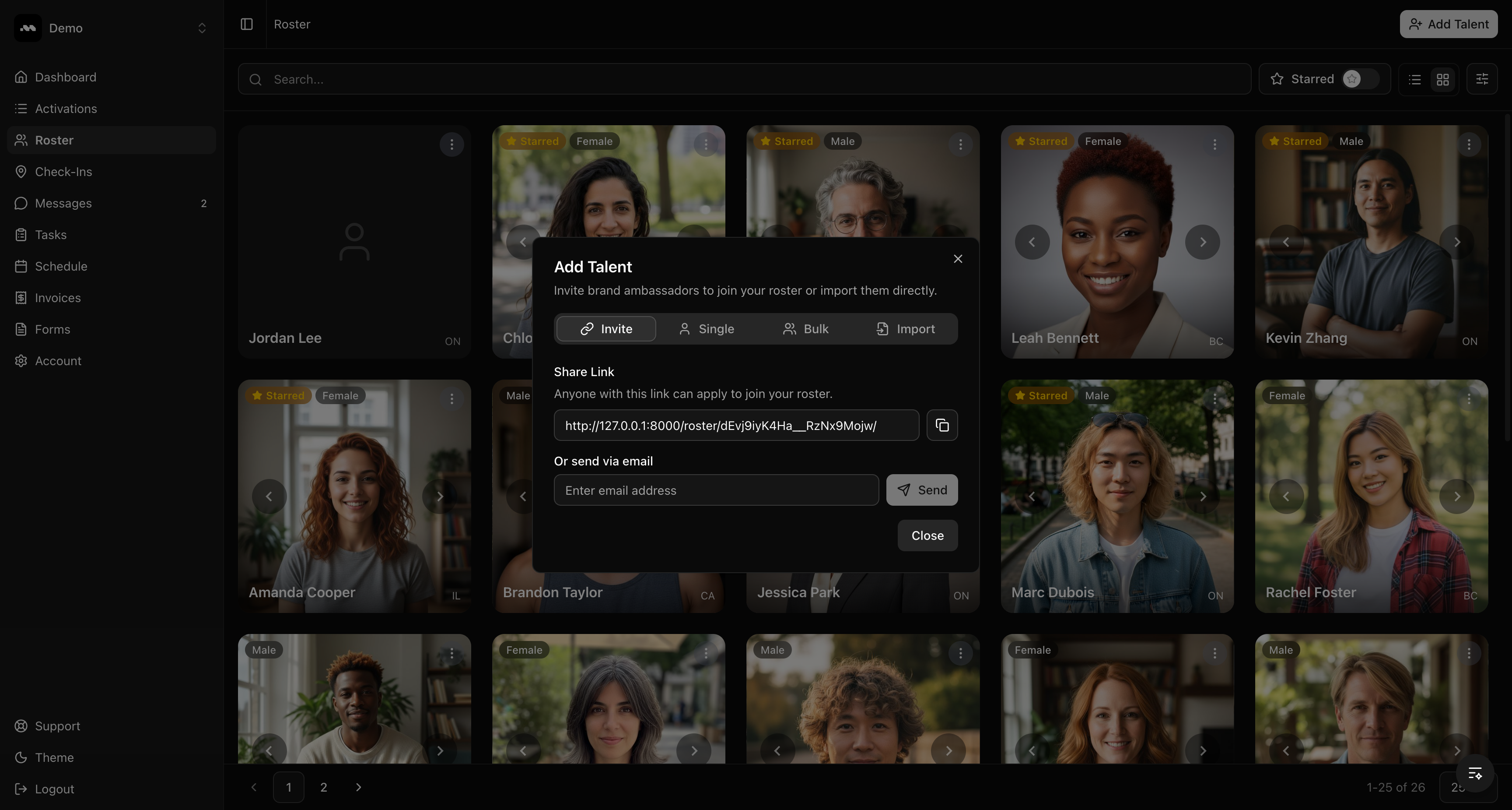 Add Talent modal showing the Invite tab with share link and email options