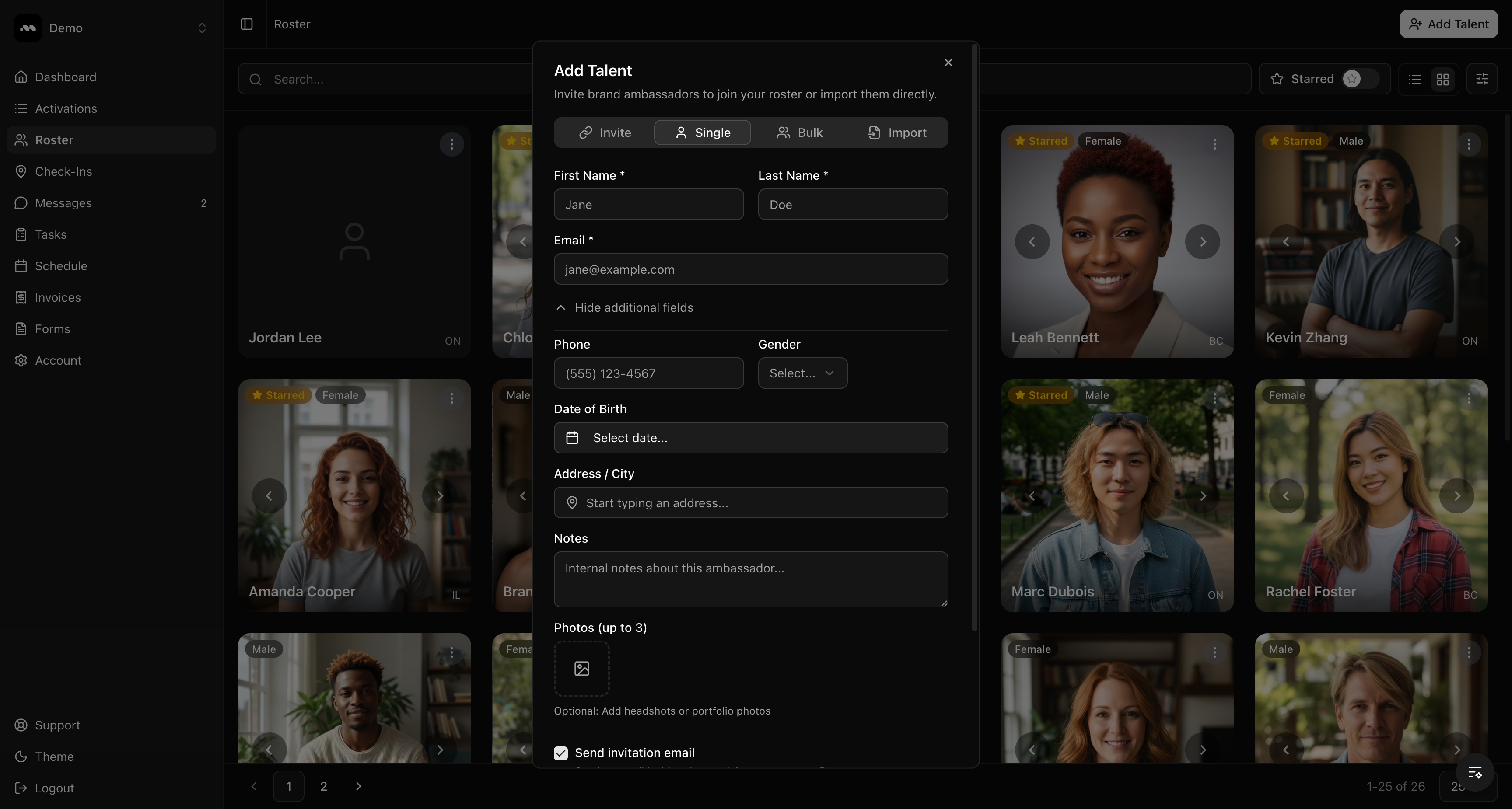 Expanded single entry form showing all optional fields