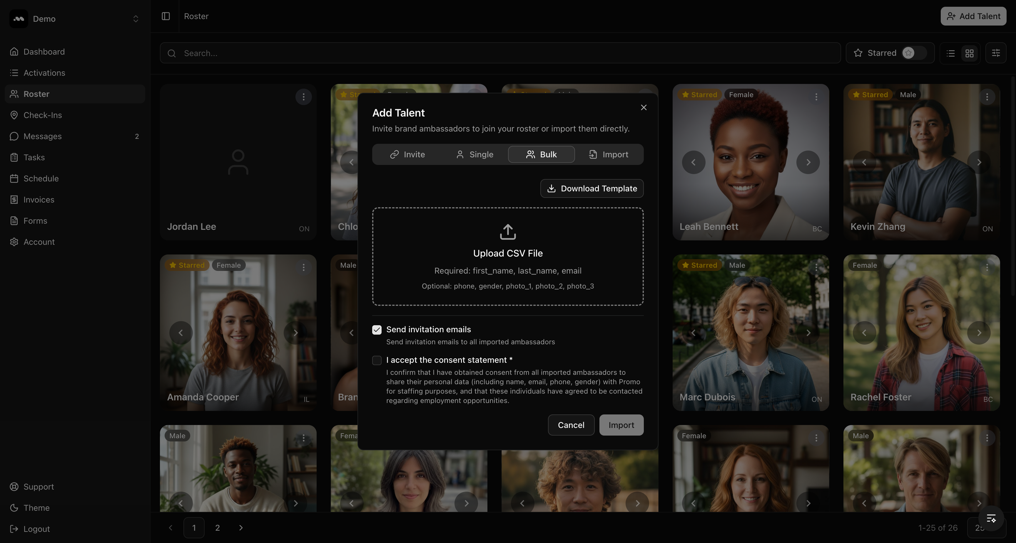 Bulk CSV upload tab with template download and file upload area