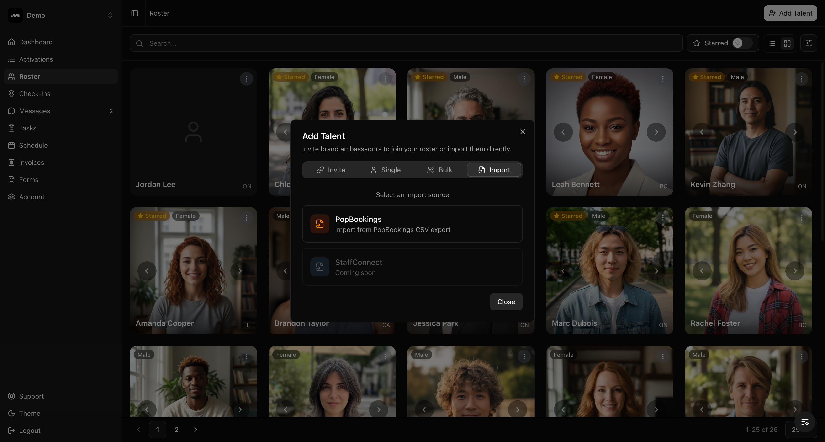 Import tab showing PopBookings and StaffConnect options