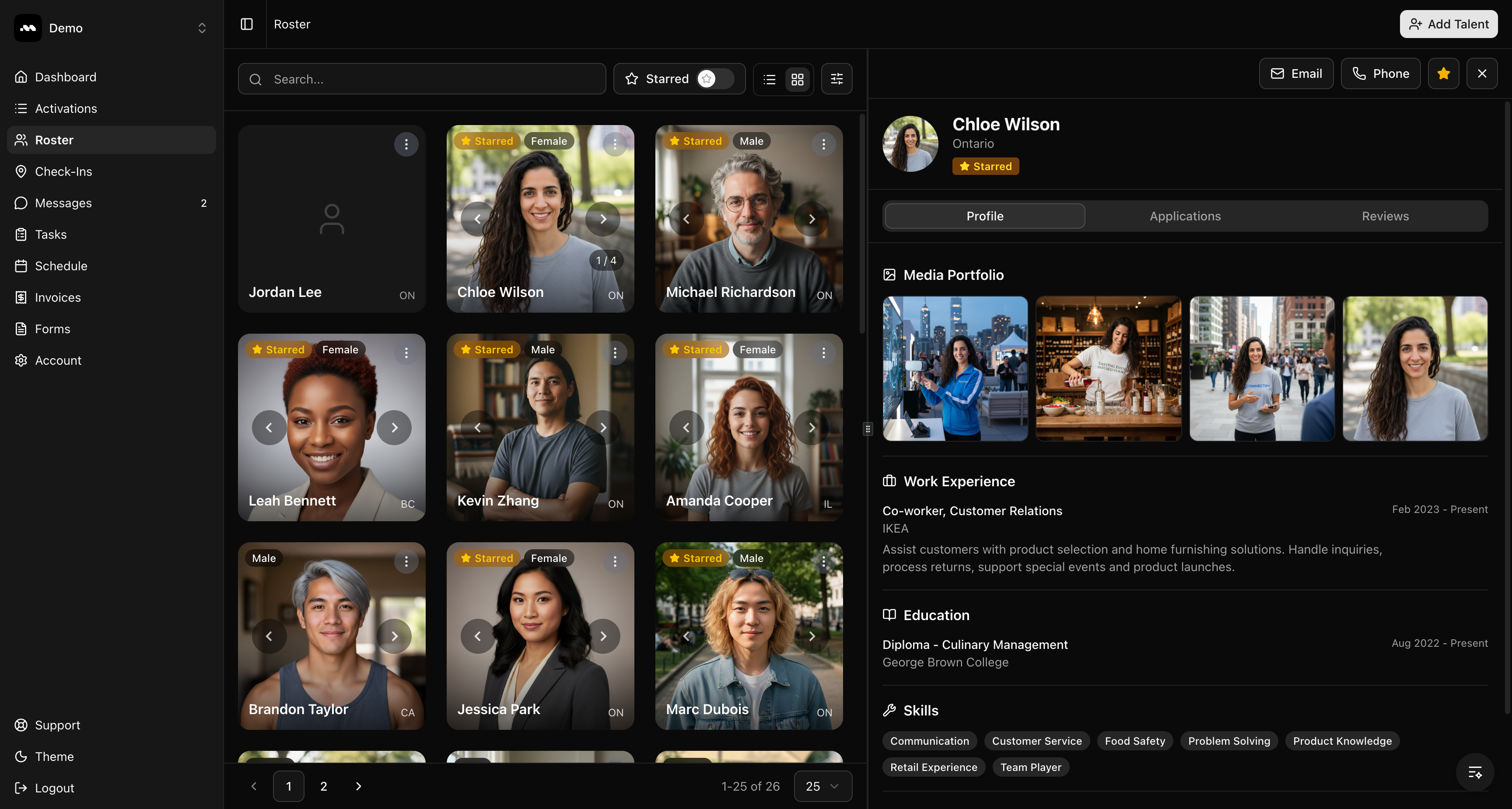 Ambassador detail panel showing Chloe Wilson's profile with media, experience, and skills