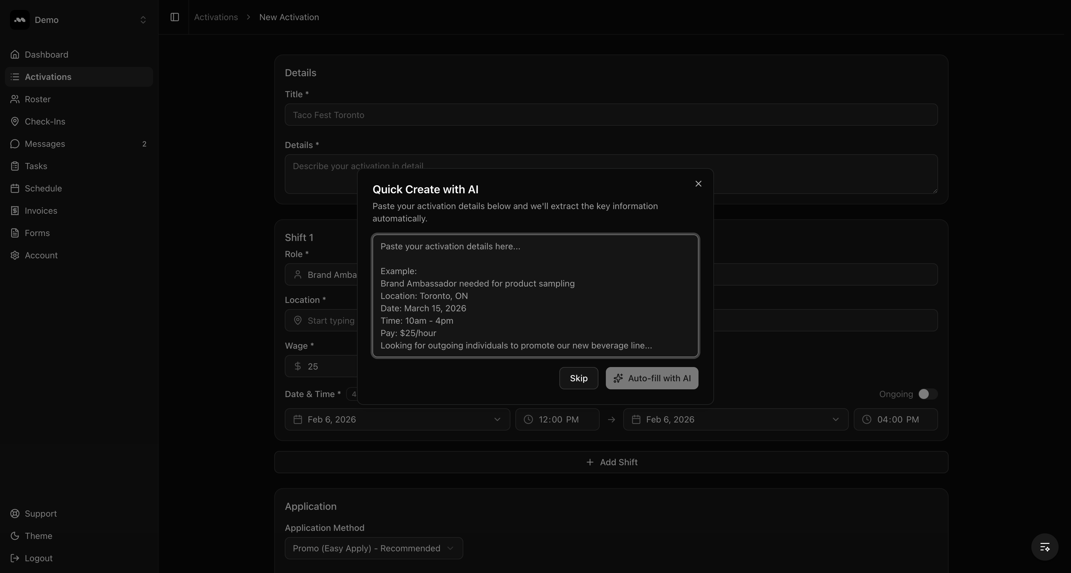 Quick Create with AI modal