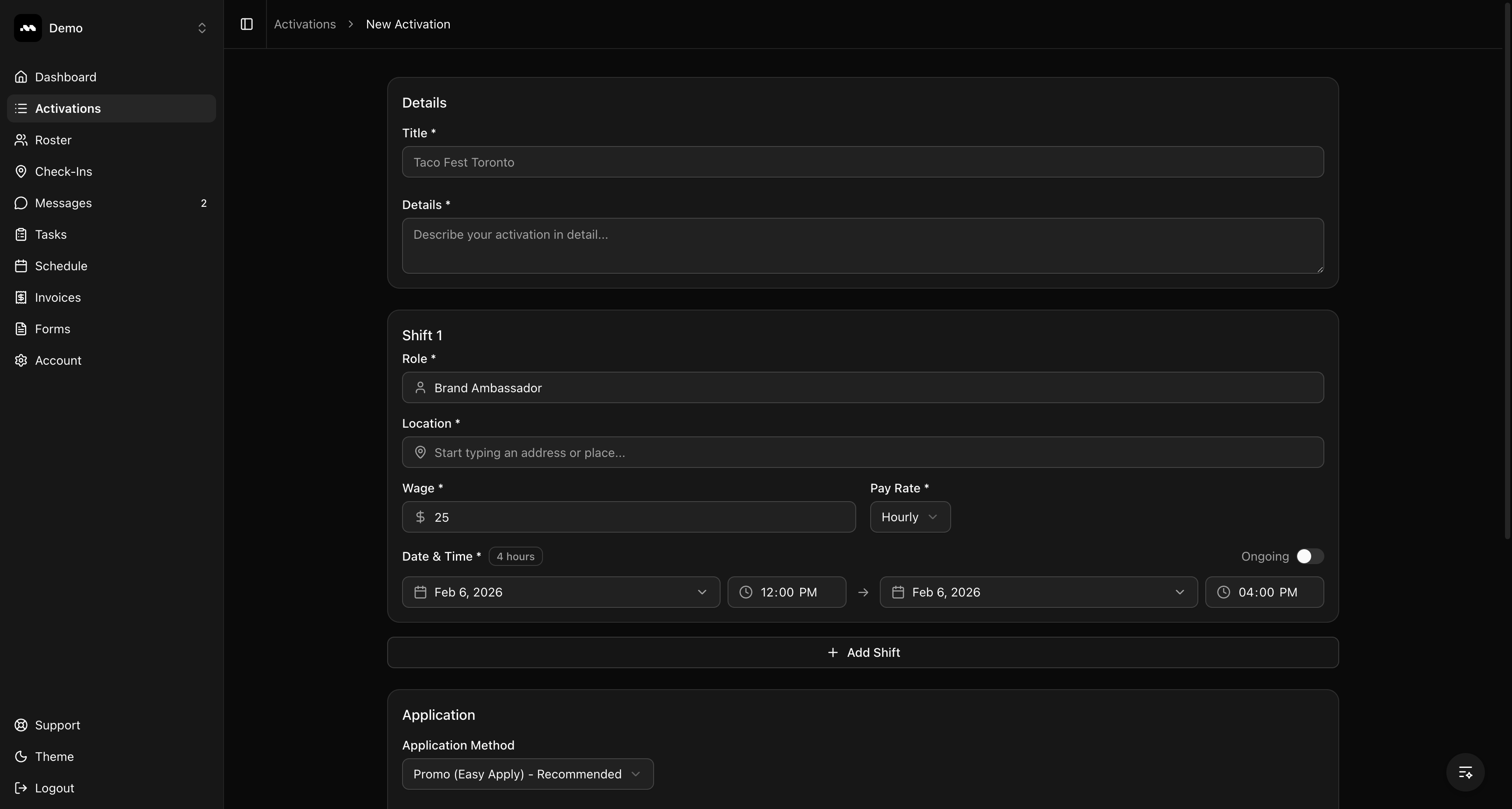 Empty form with Details and Shift sections