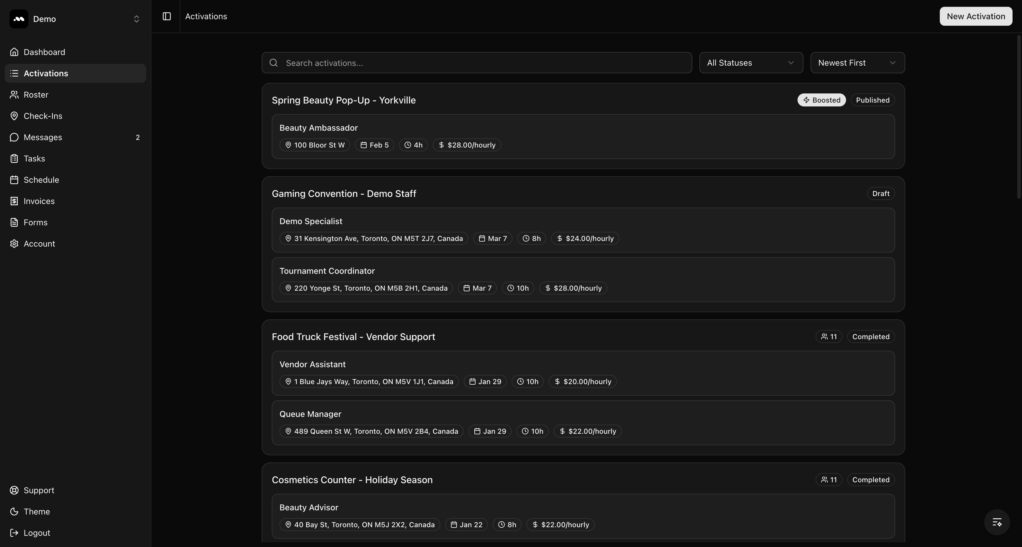 Published activation in list