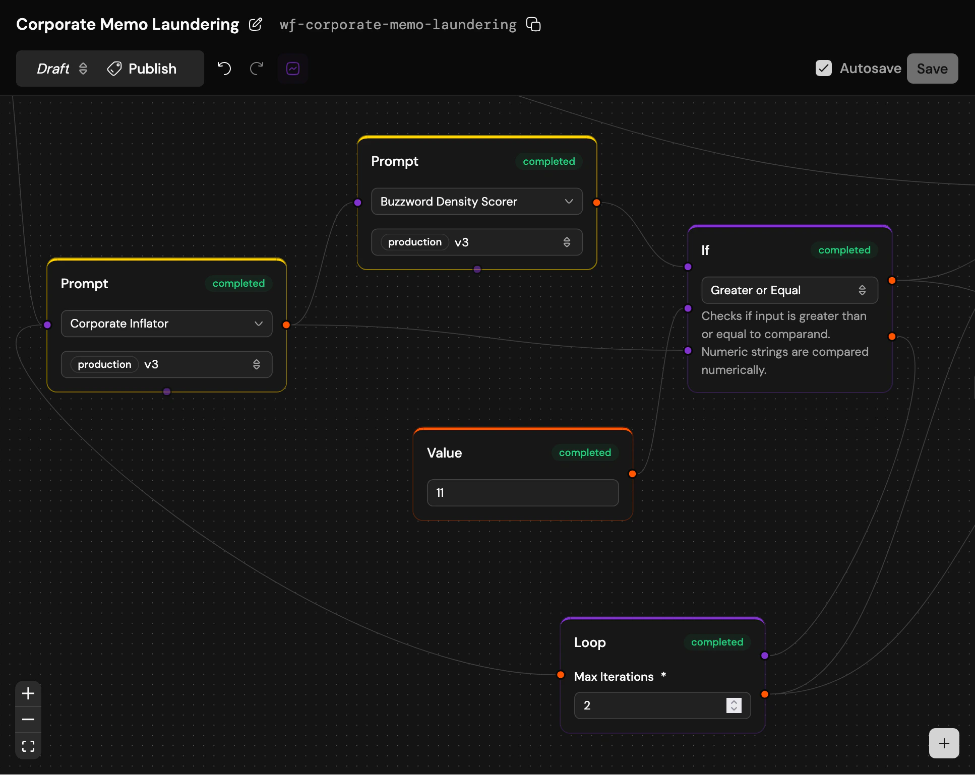 Workflow canvas with run details