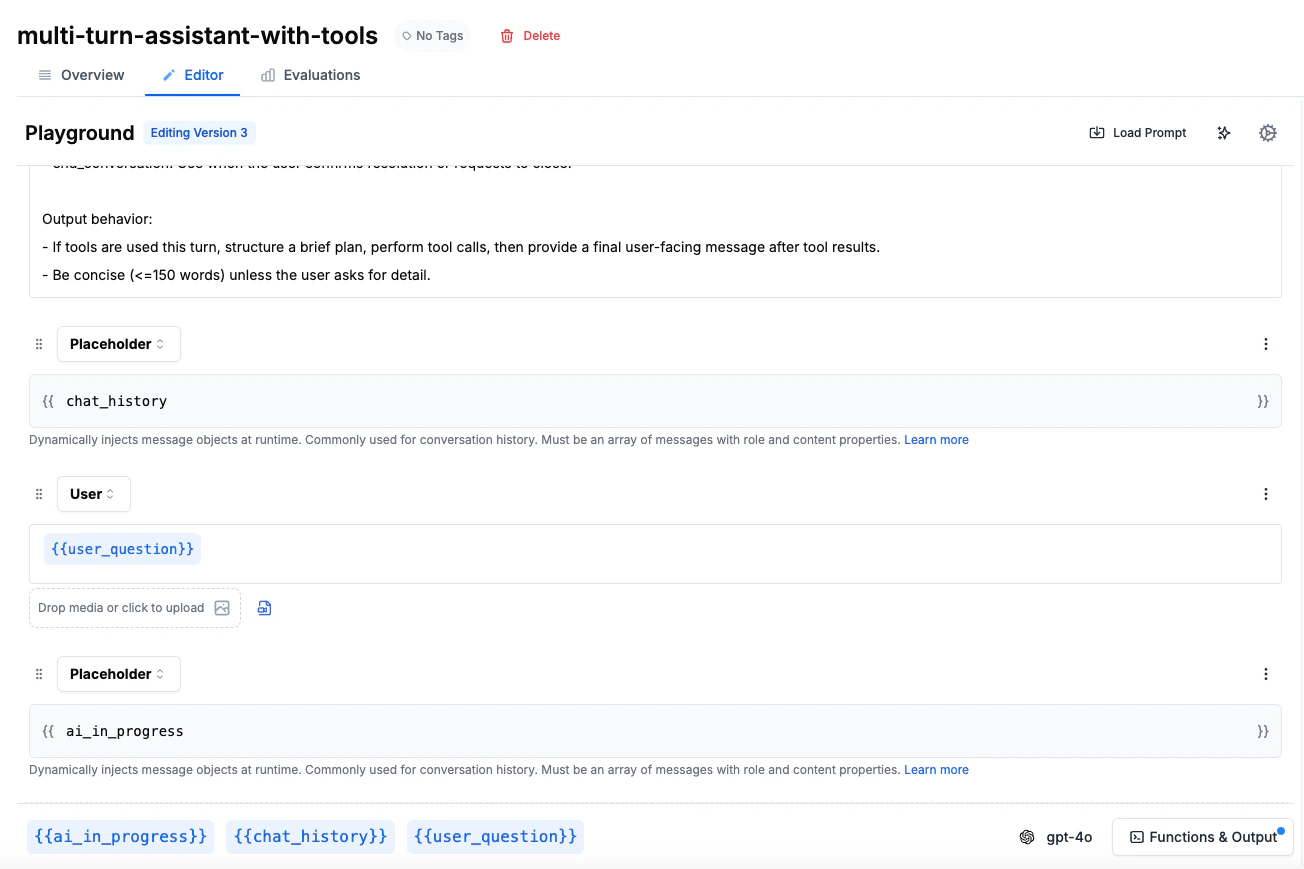 Multi-turn assistant with tools prompt configuration