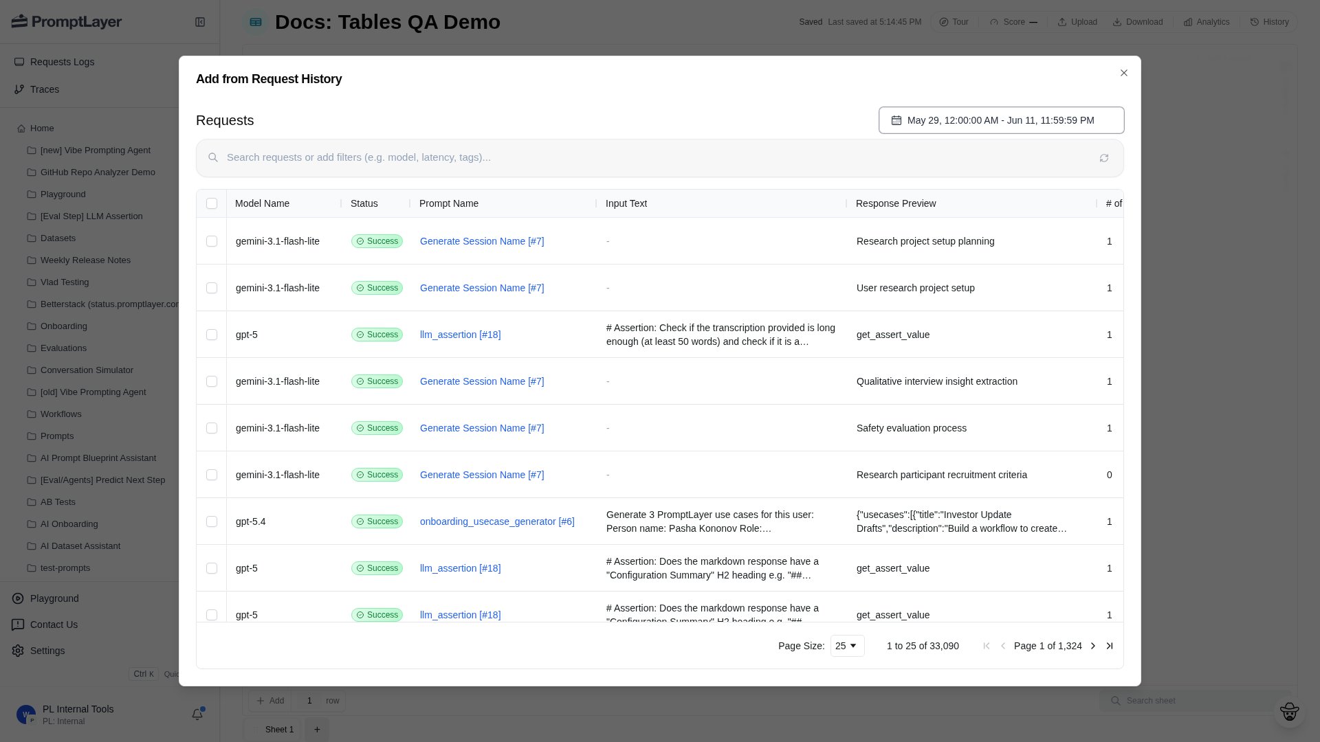 Add from Request History dialog with date range, search, filters, request grid, pagination, selectable rows, and Add to Sheet action