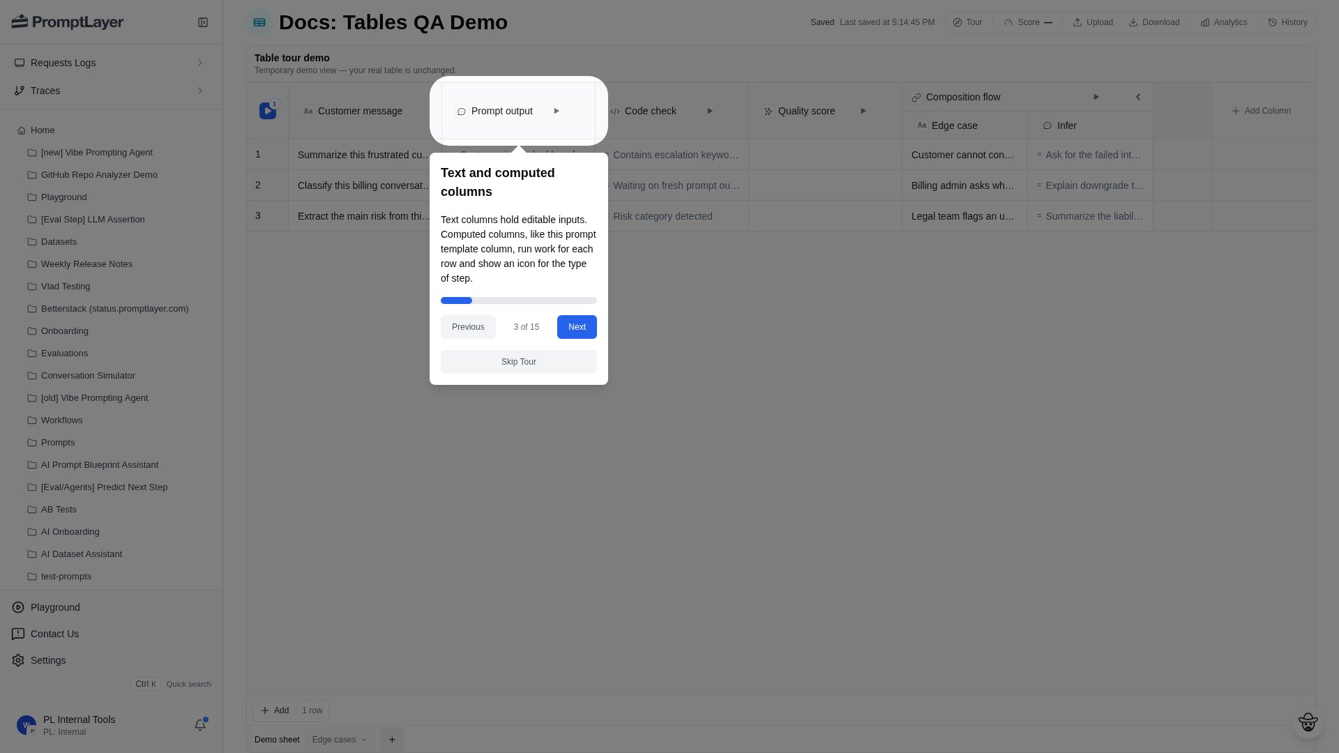 A Table with input columns followed by computed prompt, code, quality, and edge-case columns
