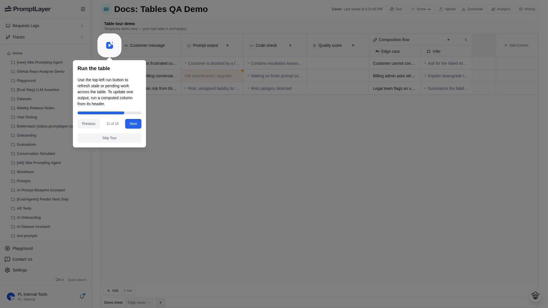 Run controls for refreshing Table work