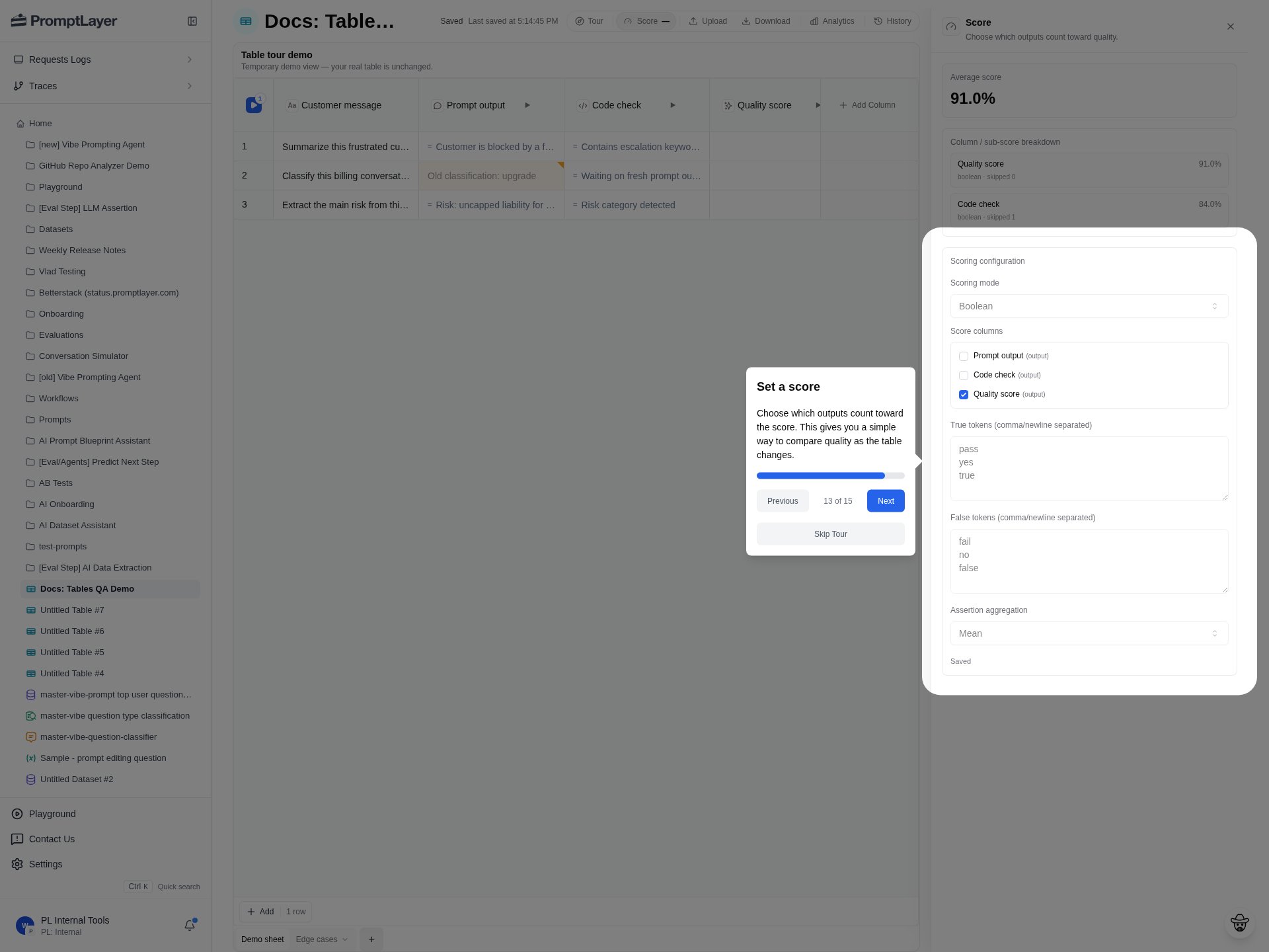 Score configuration panel with scoring mode, score columns, Boolean token settings, assertion aggregation, and Recalculate