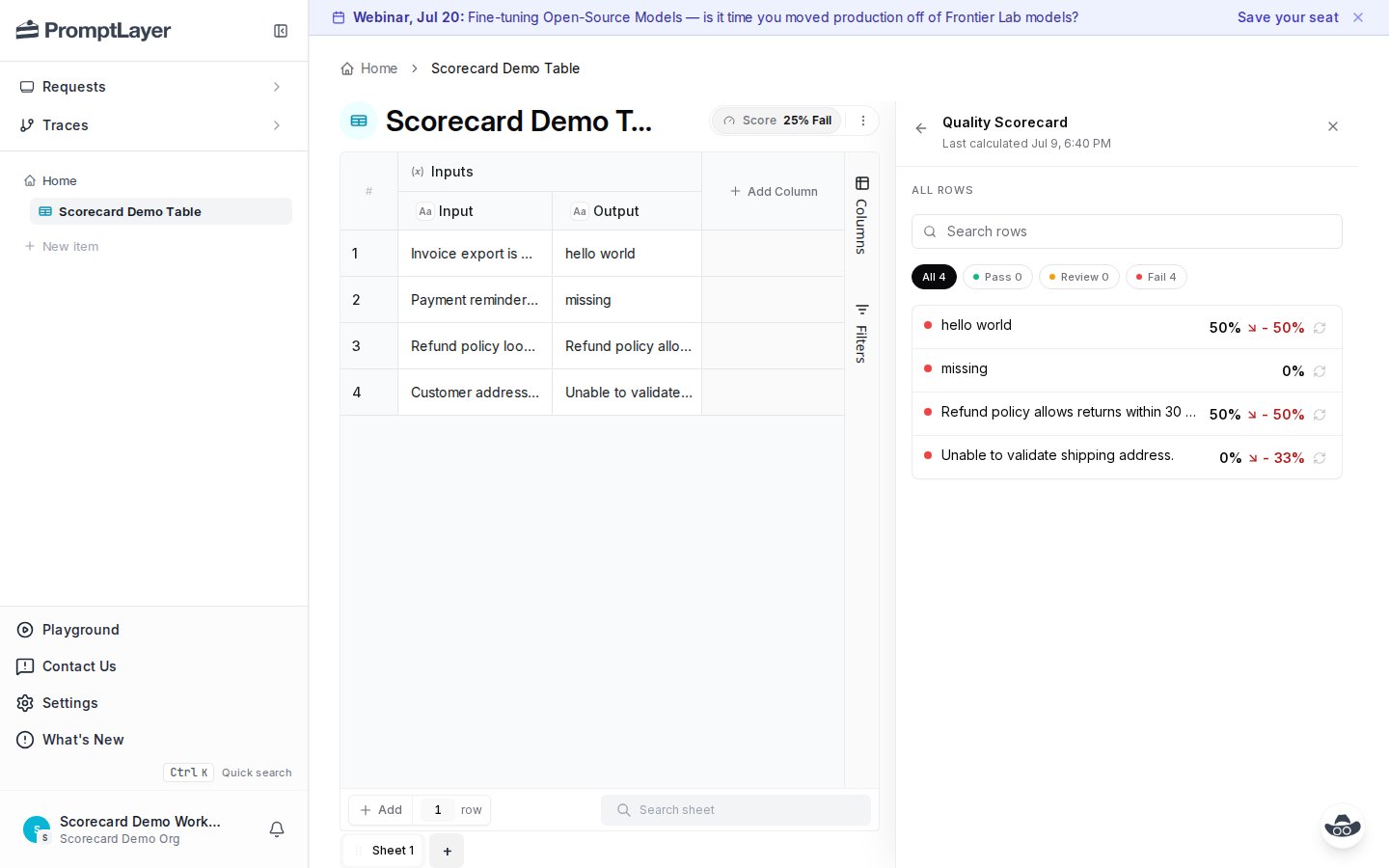 All rows view with search, verdict filters, and row-level scorecard results
