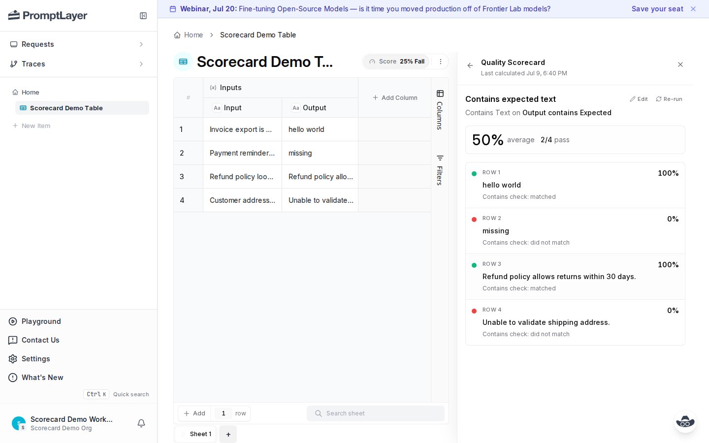 Criterion detail view showing a 50 percent average score and per-row contains text results